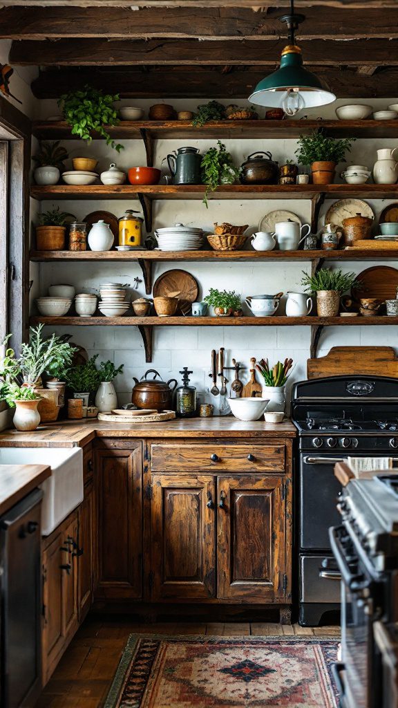 Rustic kitchen featuring open shelving filled with dishes and plants