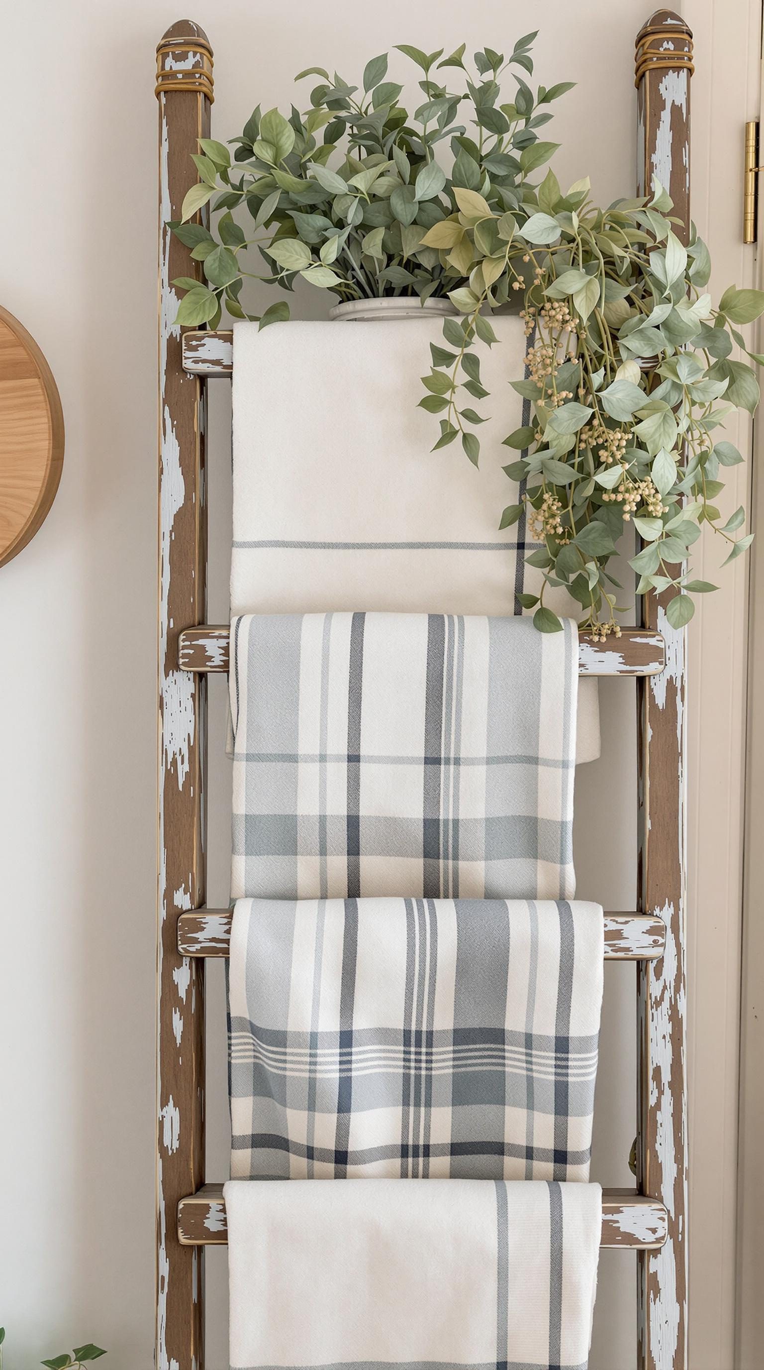 A rustic wooden ladder with towels and greenery