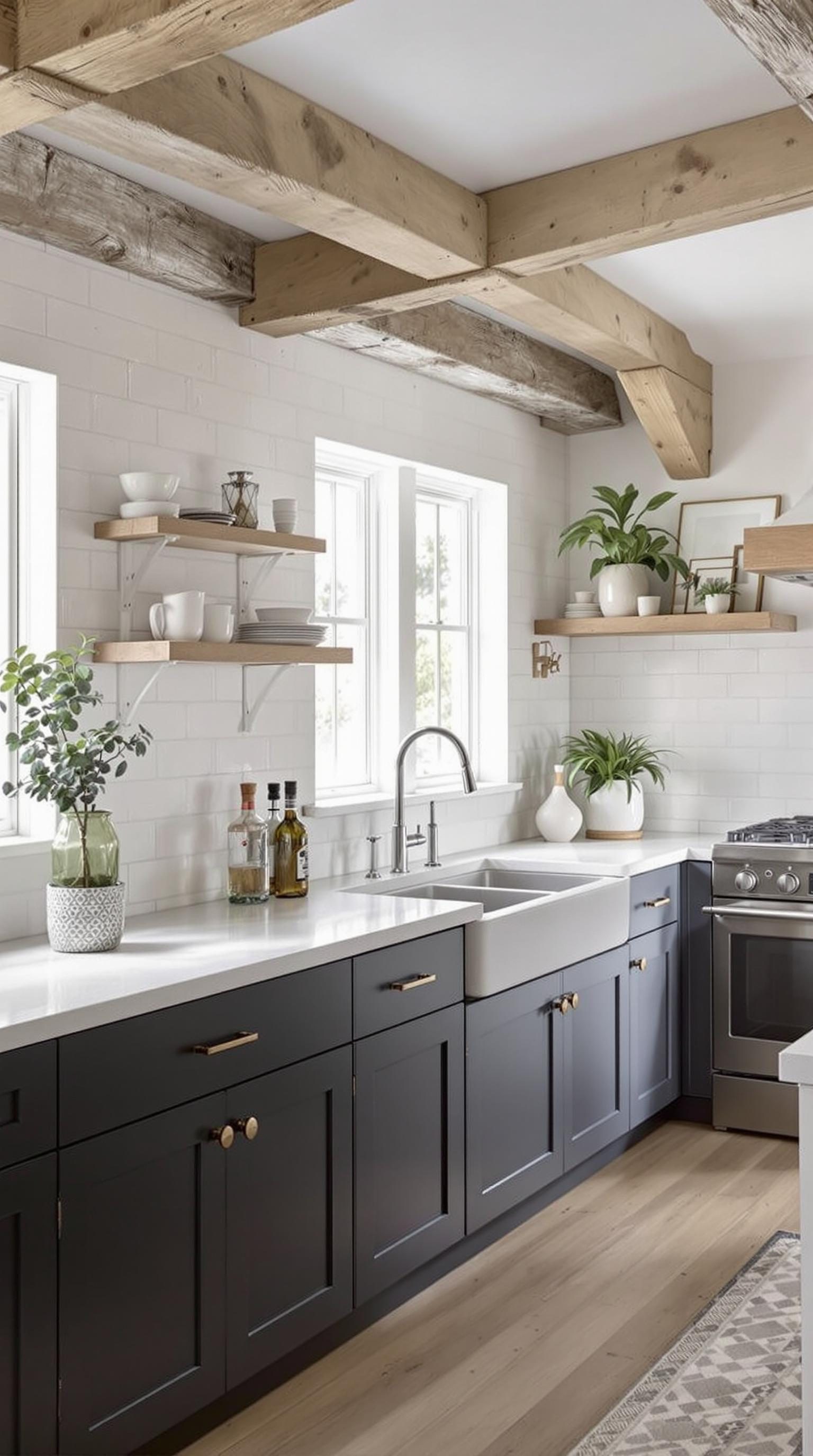 A modern kitchen with dark cabinets, wooden beams, and open shelving.