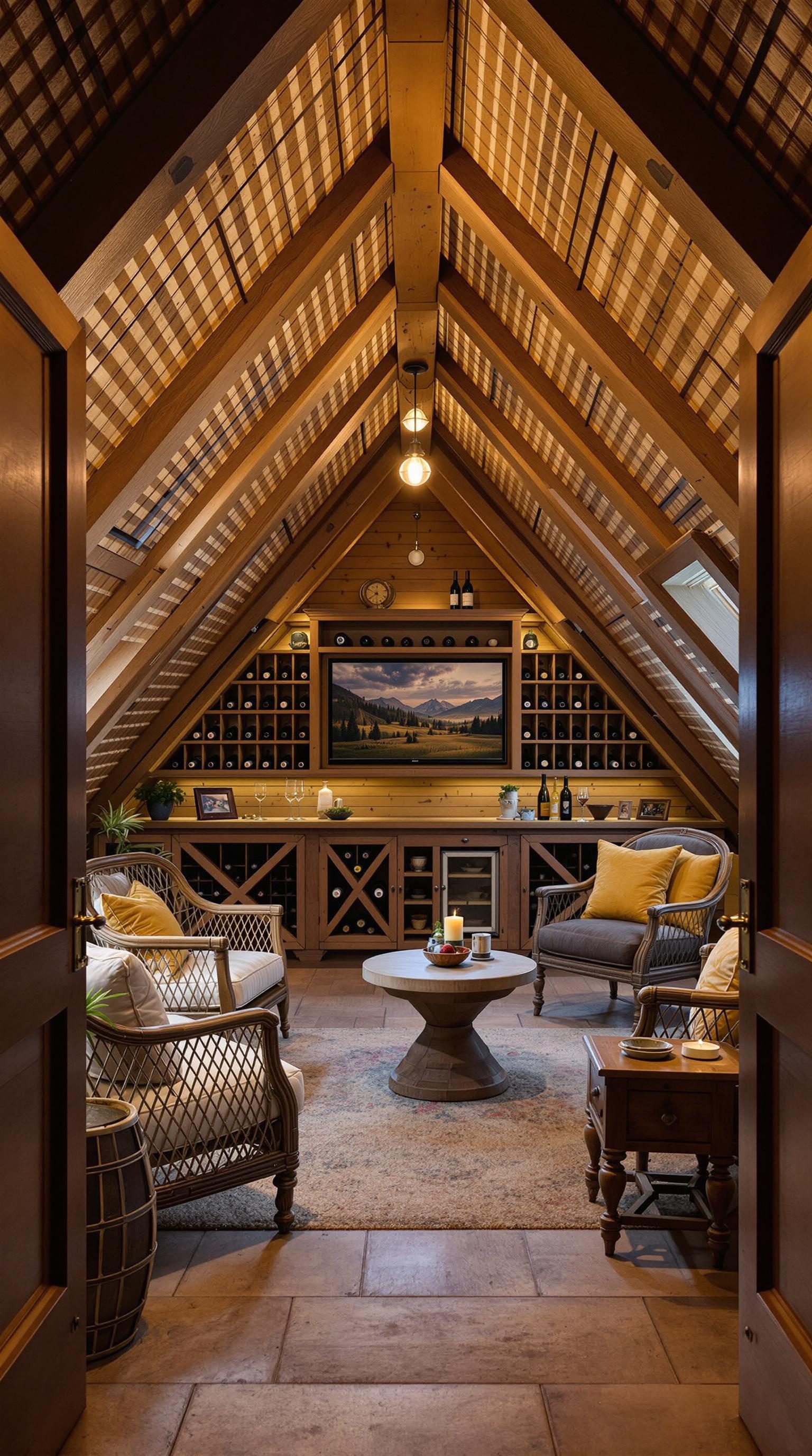 A rustic wine cellar with wooden beams, cozy seating, and wine storage.