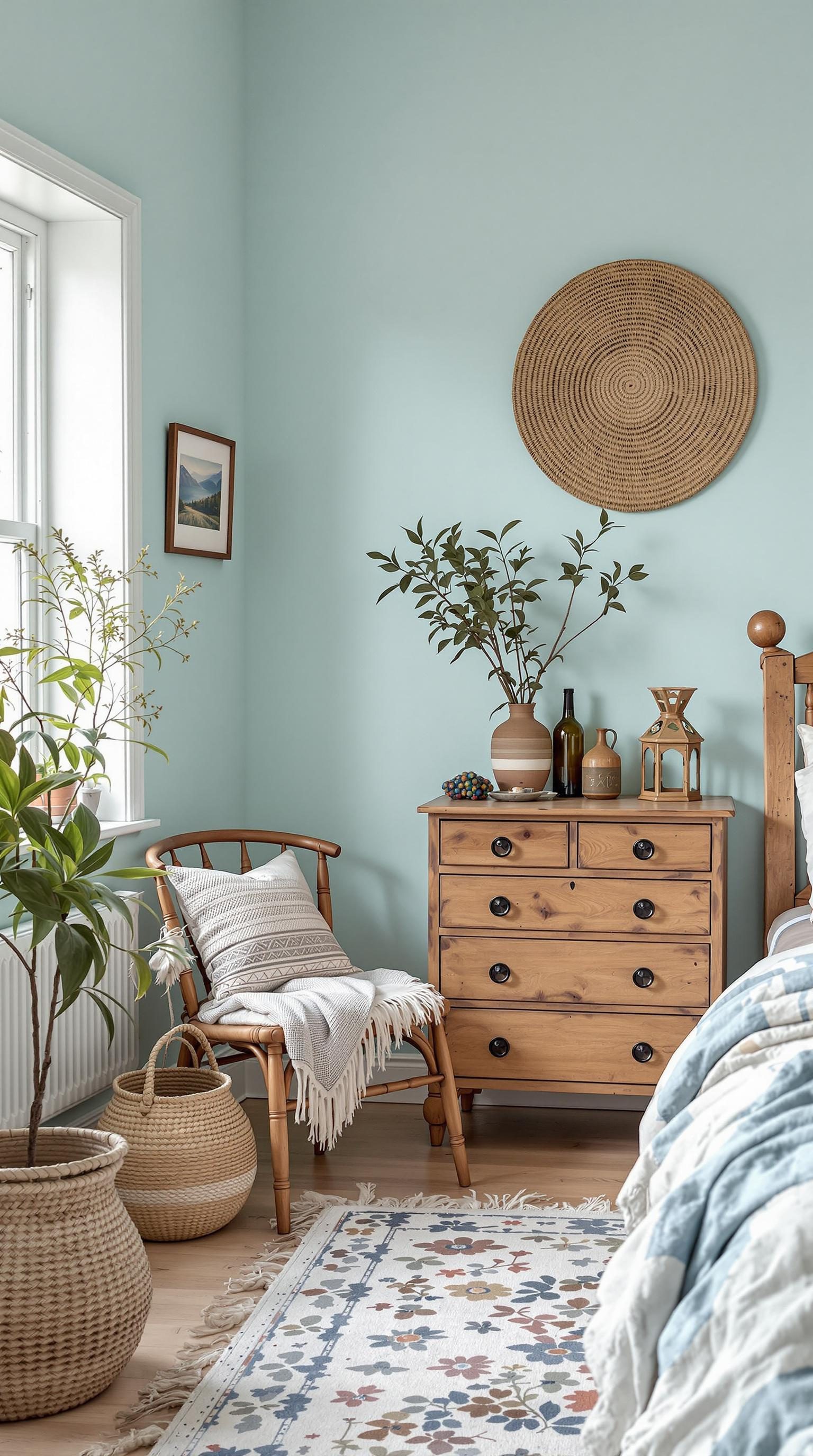 A cozy light blue boho bedroom with rustic wood accents.