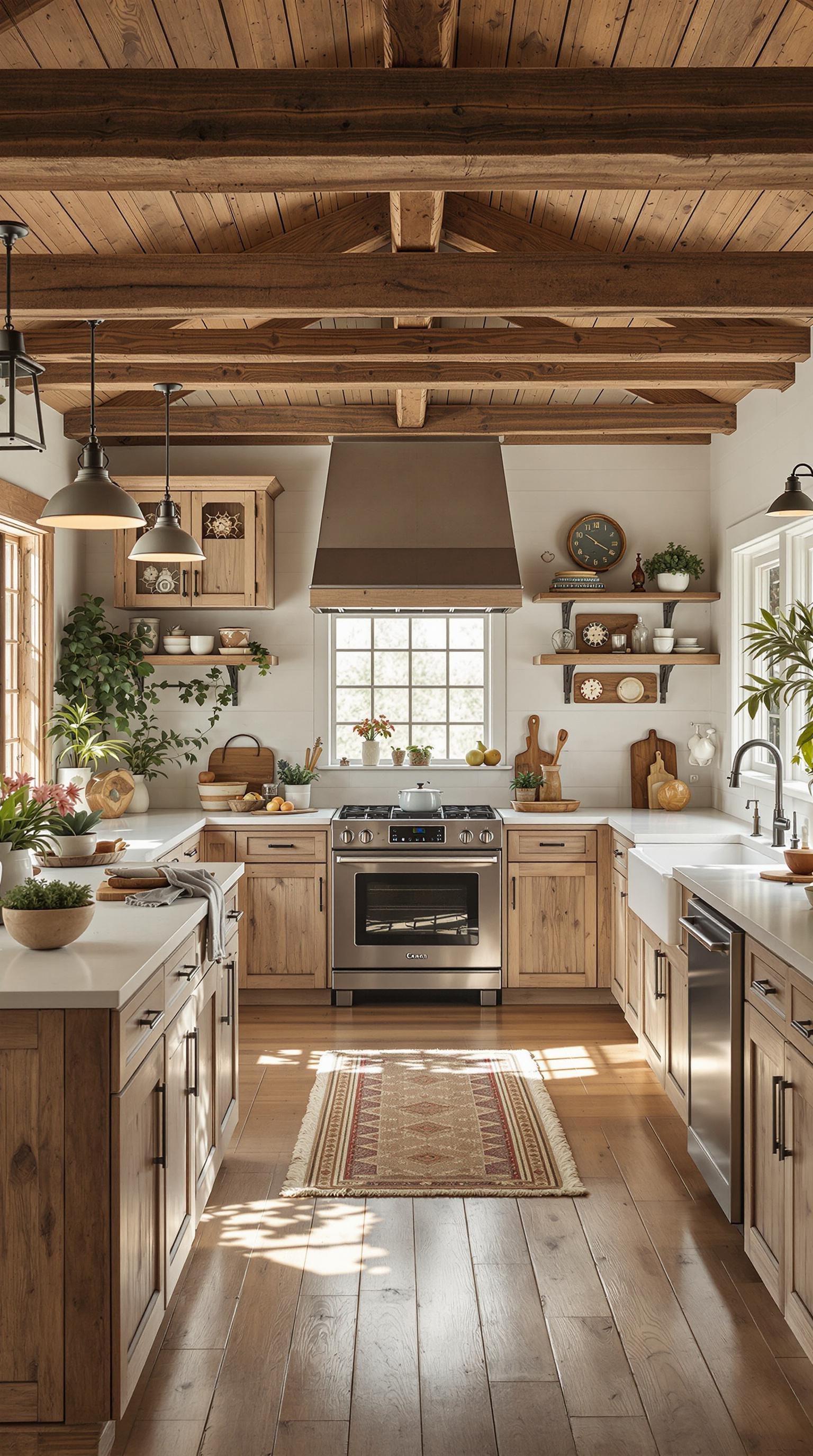 A rustic kitchen featuring warm wood elements, modern appliances, and natural decor.