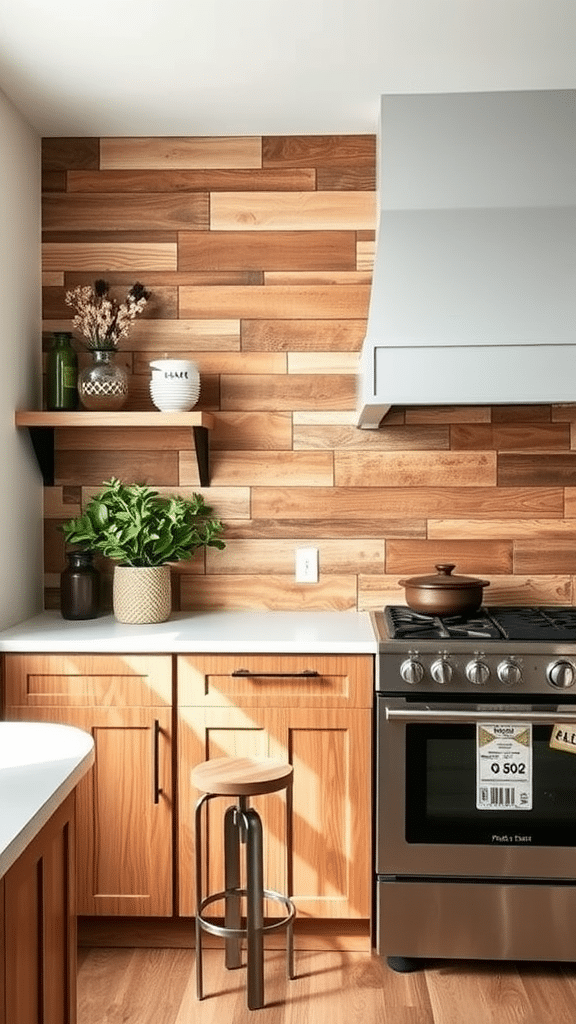 A kitchen featuring rustic wood plank accents on the wall, complementing modern appliances.