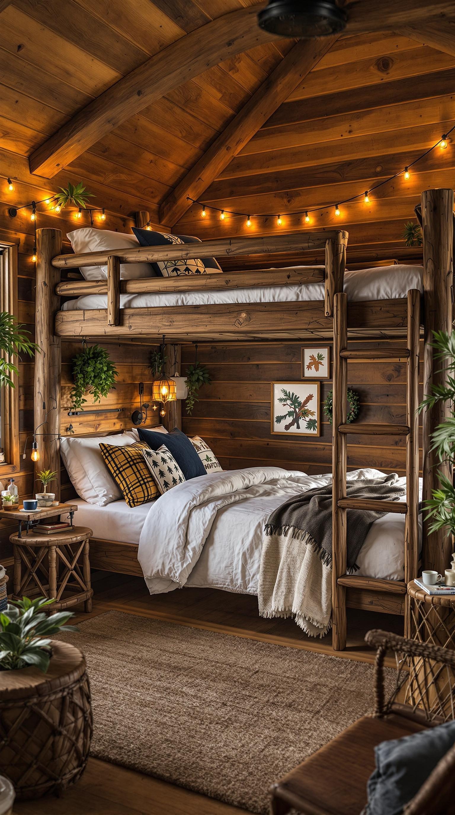 Rustic wooden bunk bed in a cozy cabin bedroom with warm lighting and plants.