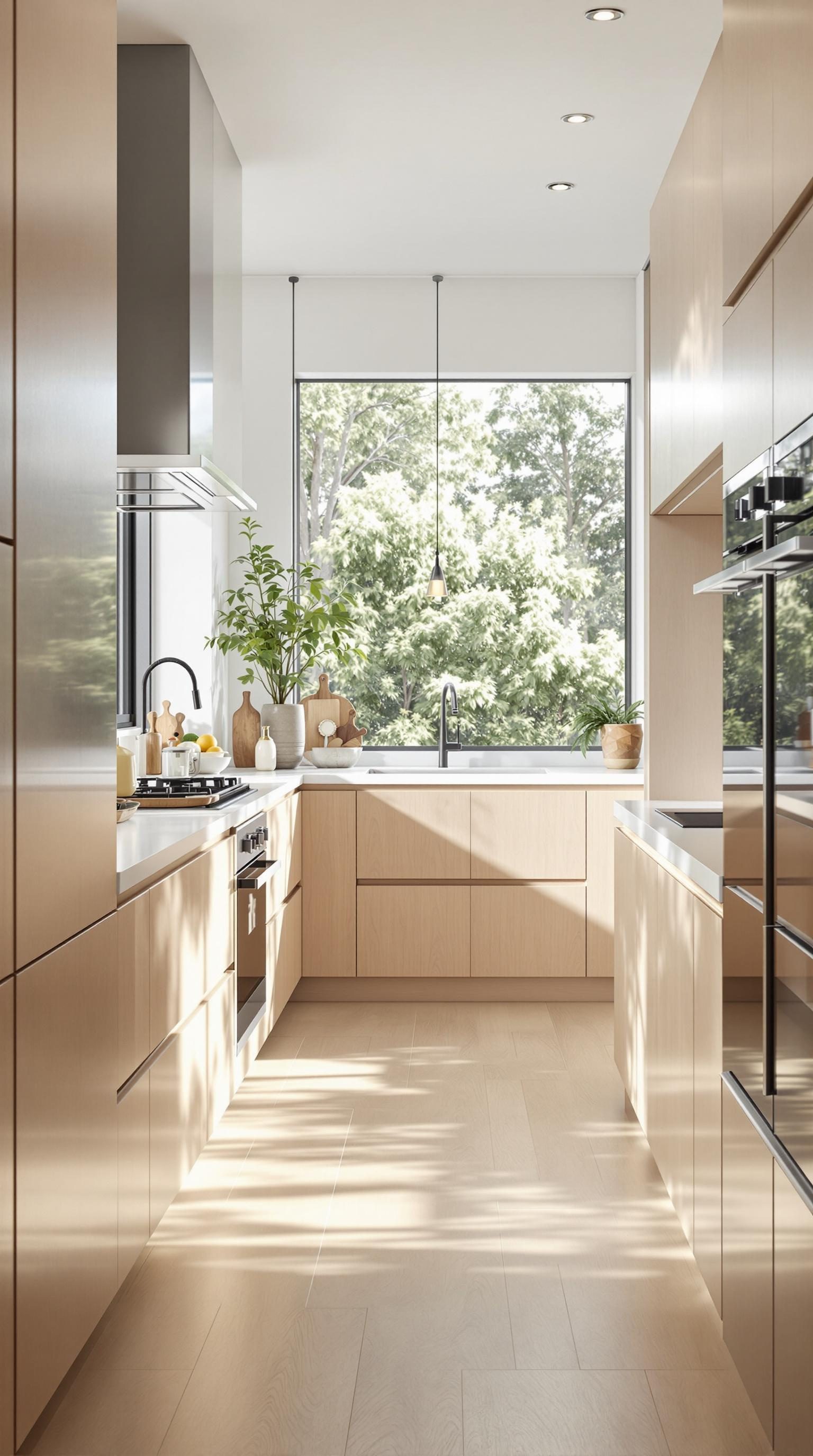 A modern Scandinavian kitchen with sleek cabinetry and large windows allowing natural light.