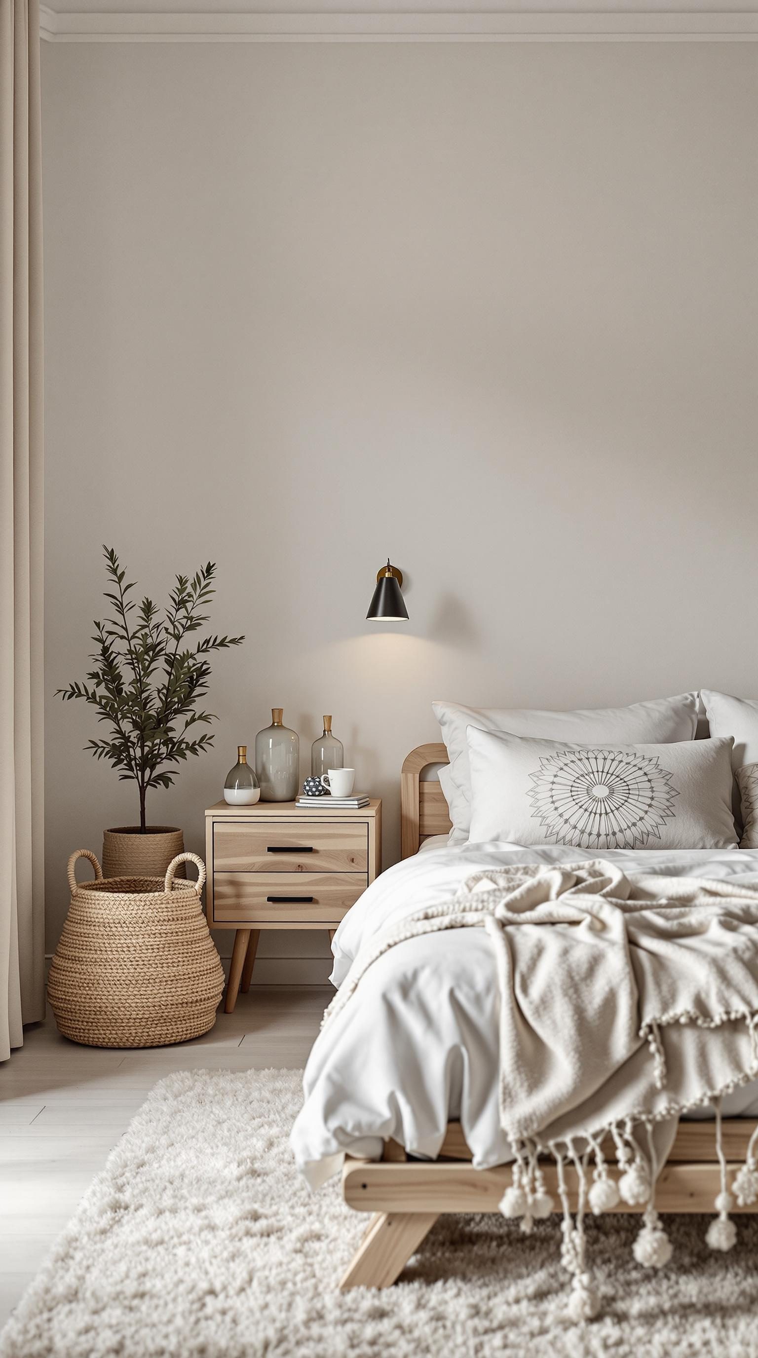 A minimalistic bedroom featuring a wooden bed, a nightstand with decorative bottles, and a plant in a basket.