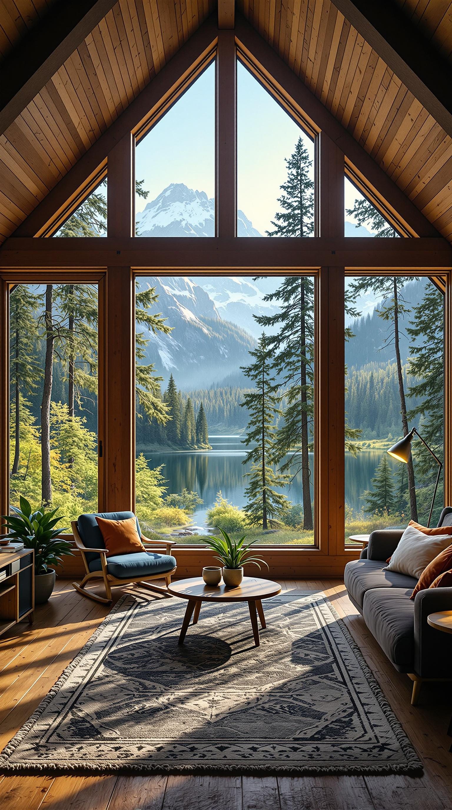 Interior of a cabin featuring large windows with a view of mountains and trees.