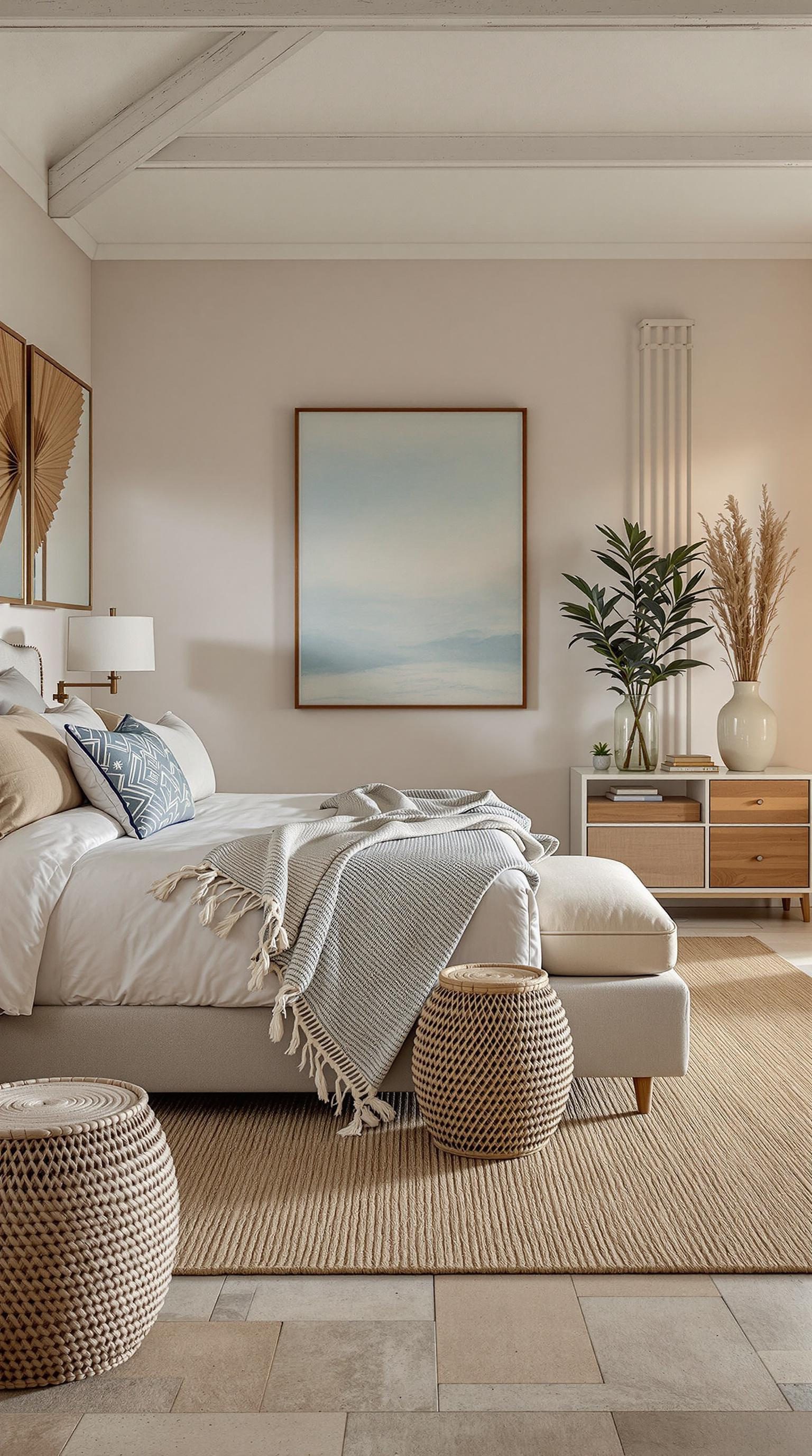 Coastal master bedroom featuring soft fabrics and woven textures.