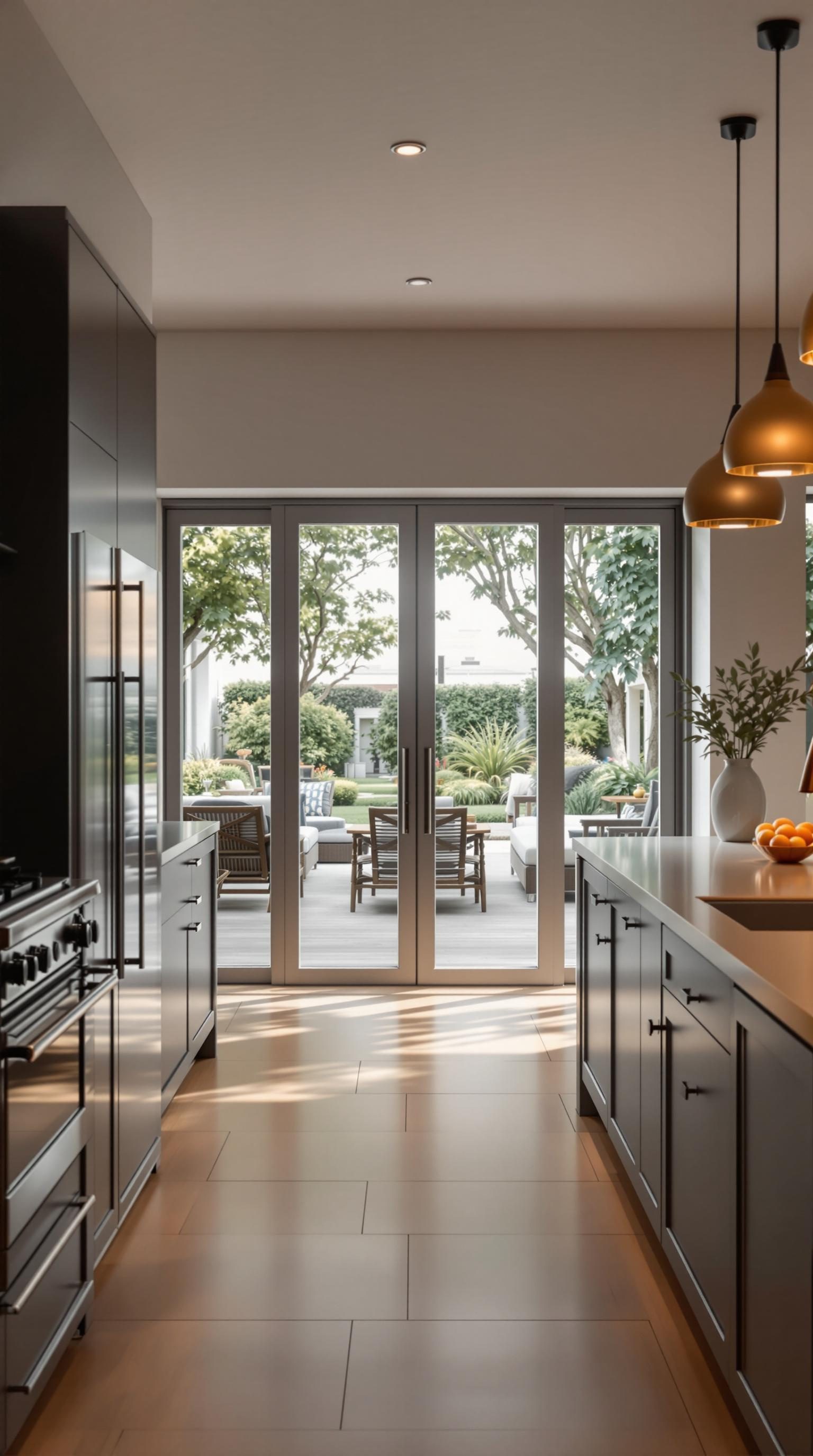 A modern luxury kitchen with large glass doors leading to an outdoor patio.