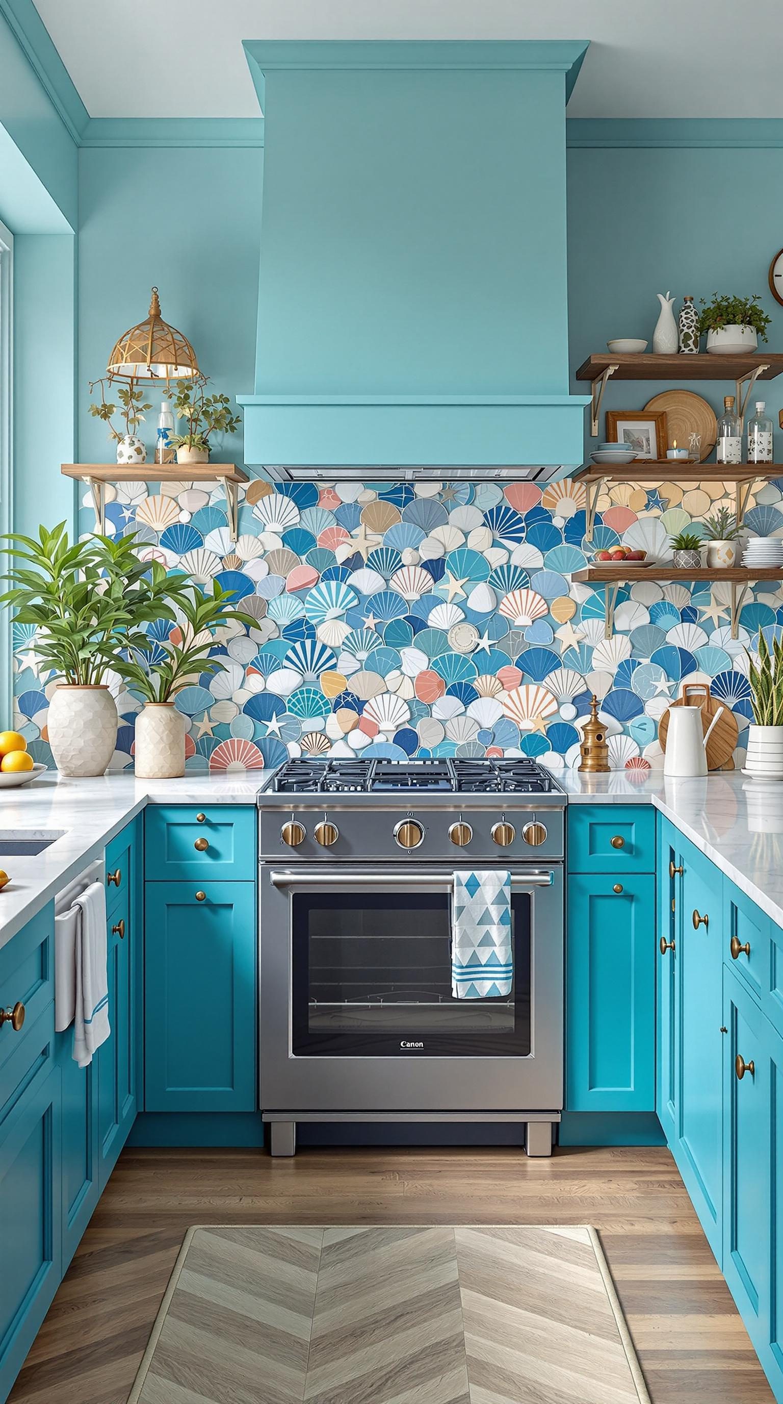 A colorful kitchen featuring a seashell-inspired backsplash with blue and coral hues.