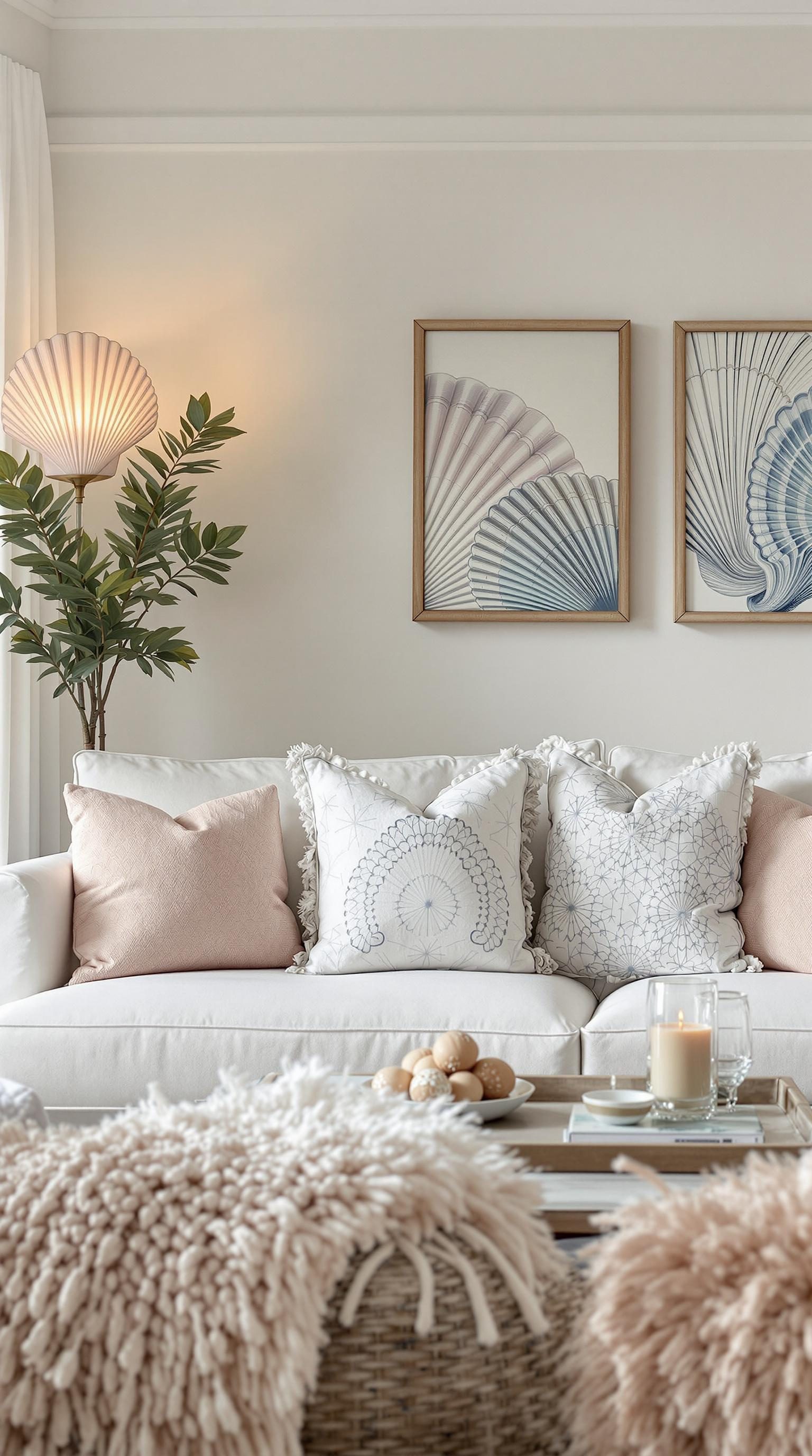 Coastal living room with seashell accents and soft fabrics, featuring a light sofa, decorative pillows, and a warm atmosphere.