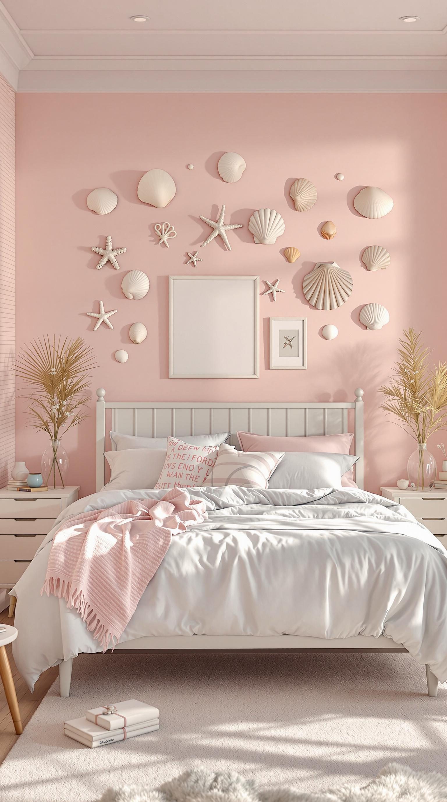 A cozy coastal preppy bedroom with a pink wall adorned with seashell decor and a neatly made bed.