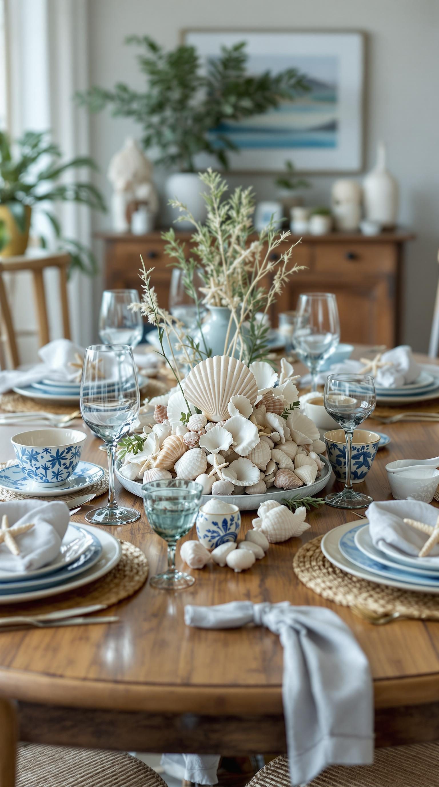 Elegant dining table set with a seashell centerpiece and coastal decor.