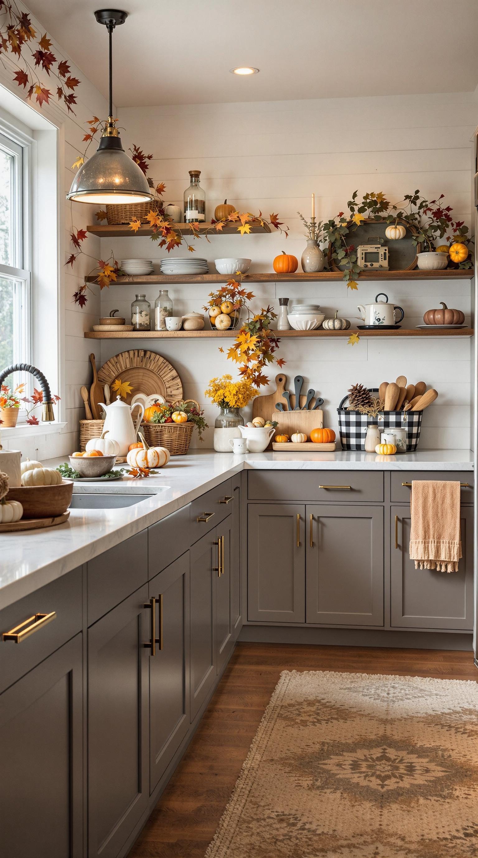 A beautifully decorated kitchen with autumn-themed decor, including pumpkins and leaves.