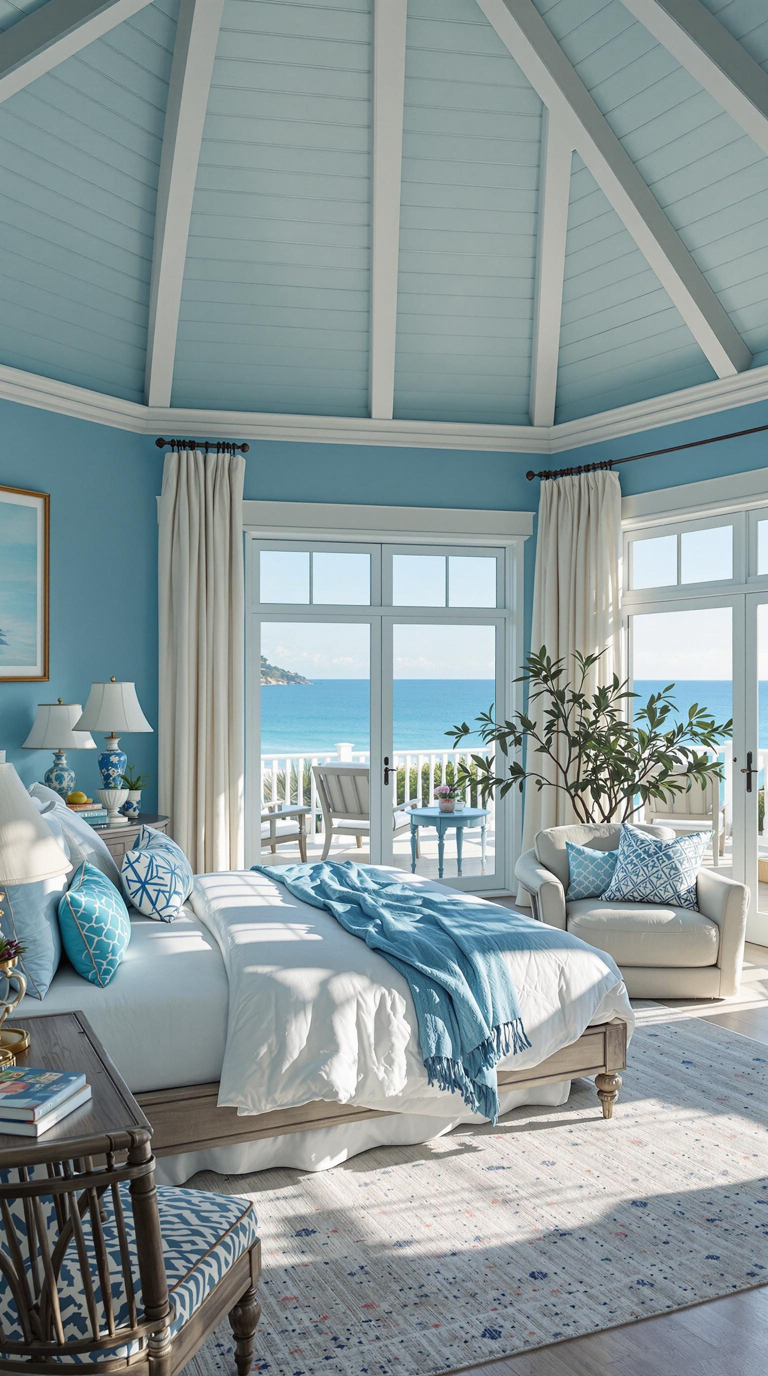 Coastal master bedroom with ocean view and soft blue tones