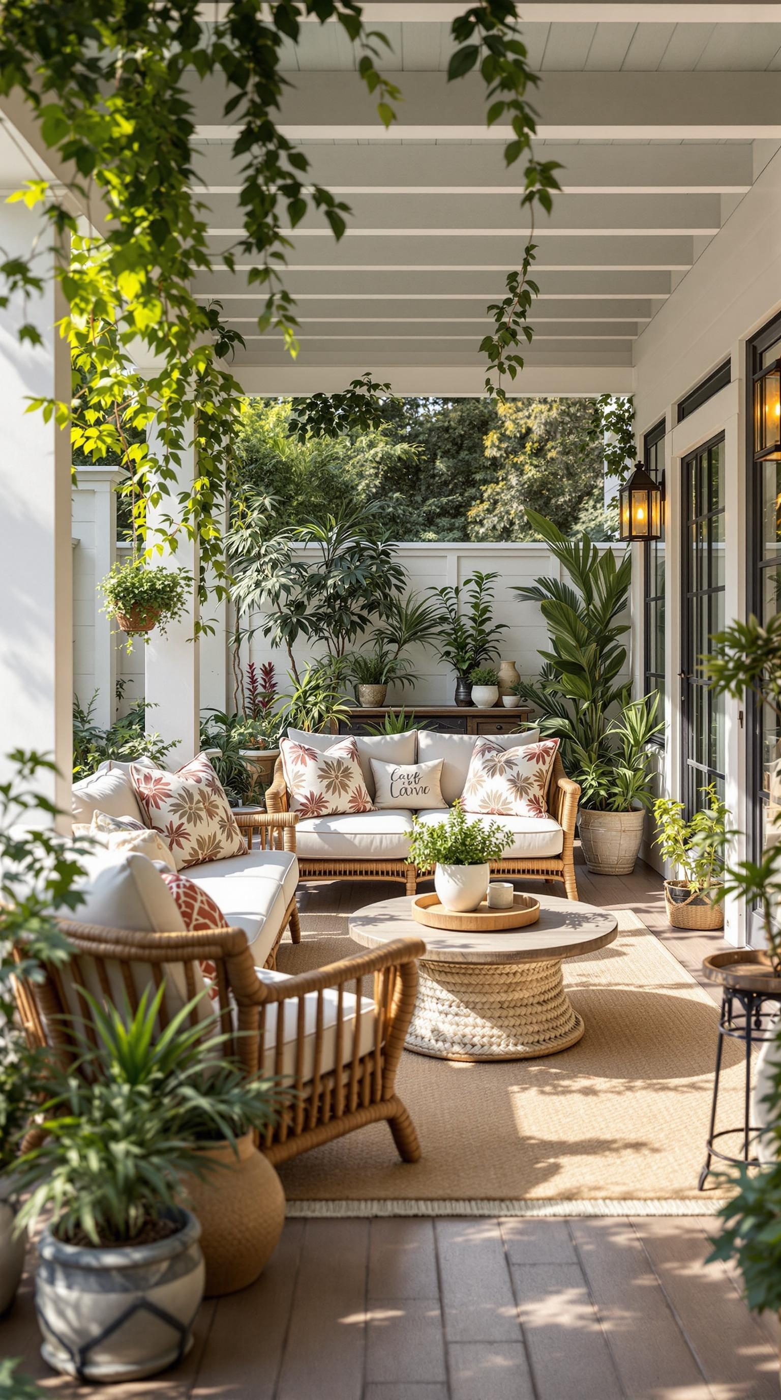 A serene outdoor patio featuring farmhouse furniture and lush plants.