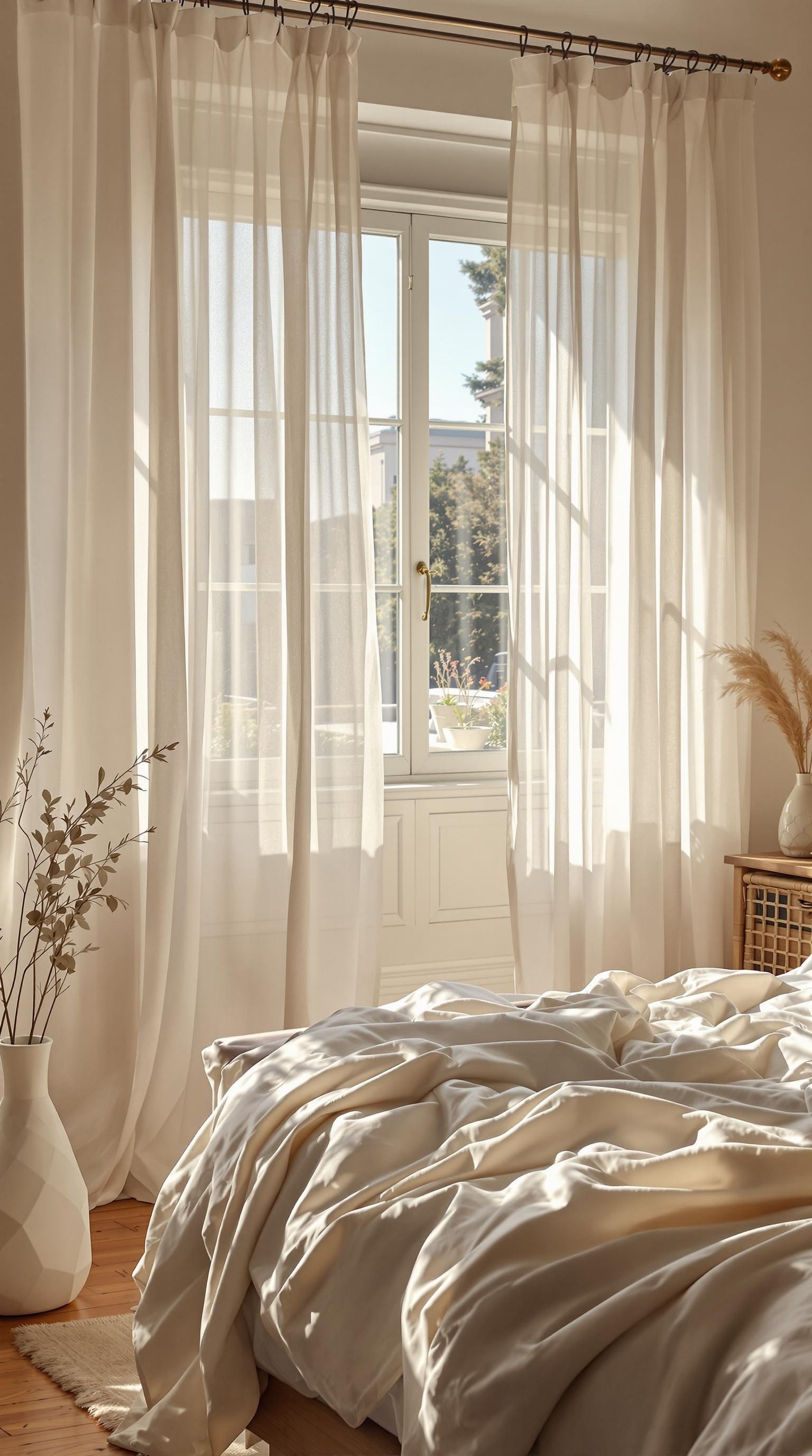 Sheer linen drapes in a bright bedroom with a cozy bed and natural light coming through the window.