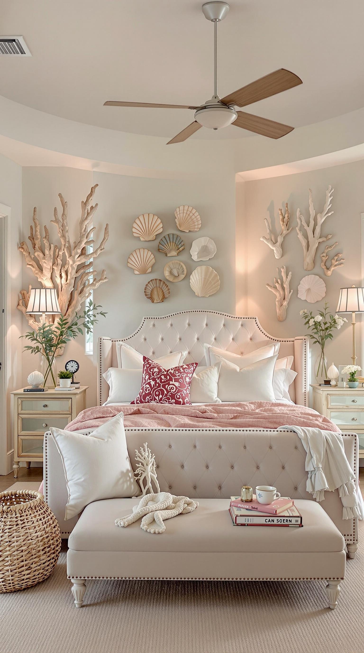 Coastal master bedroom featuring shell and coral decor.