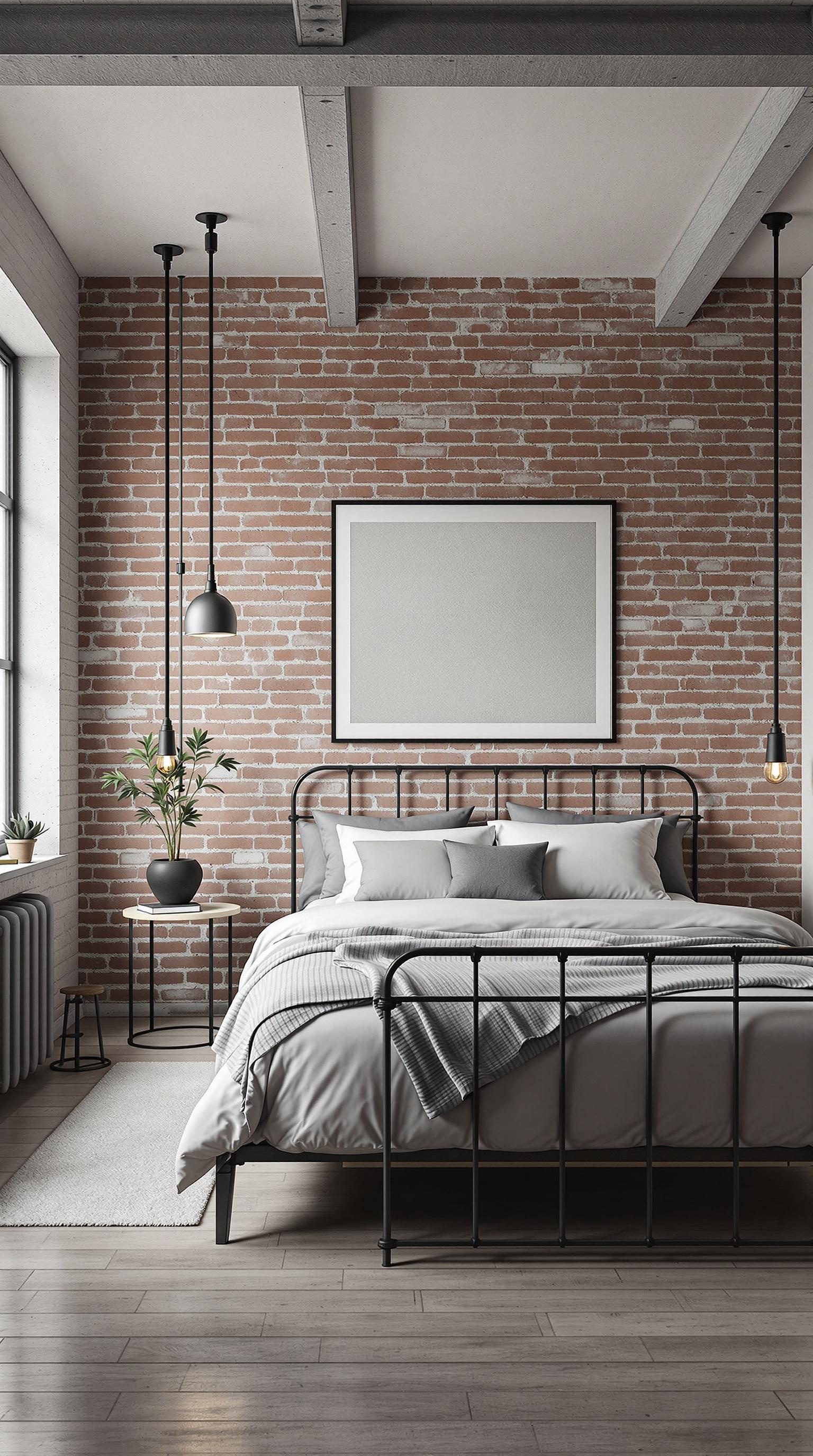 A minimalistic industrial bedroom featuring an exposed brick wall, a black metal bed, and soft gray bedding.