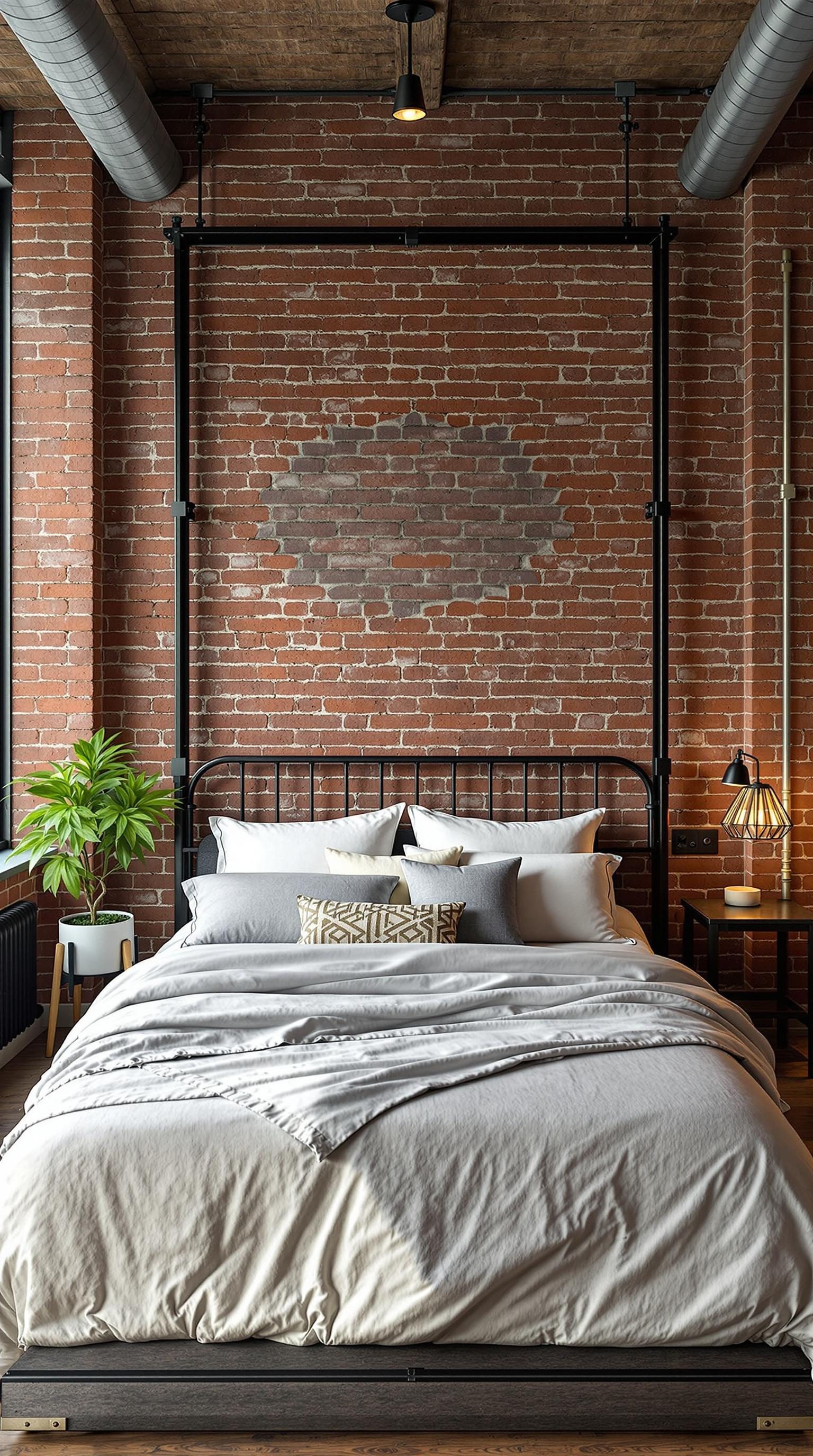 Stylish industrial bedroom with exposed brick walls and a cozy bed.