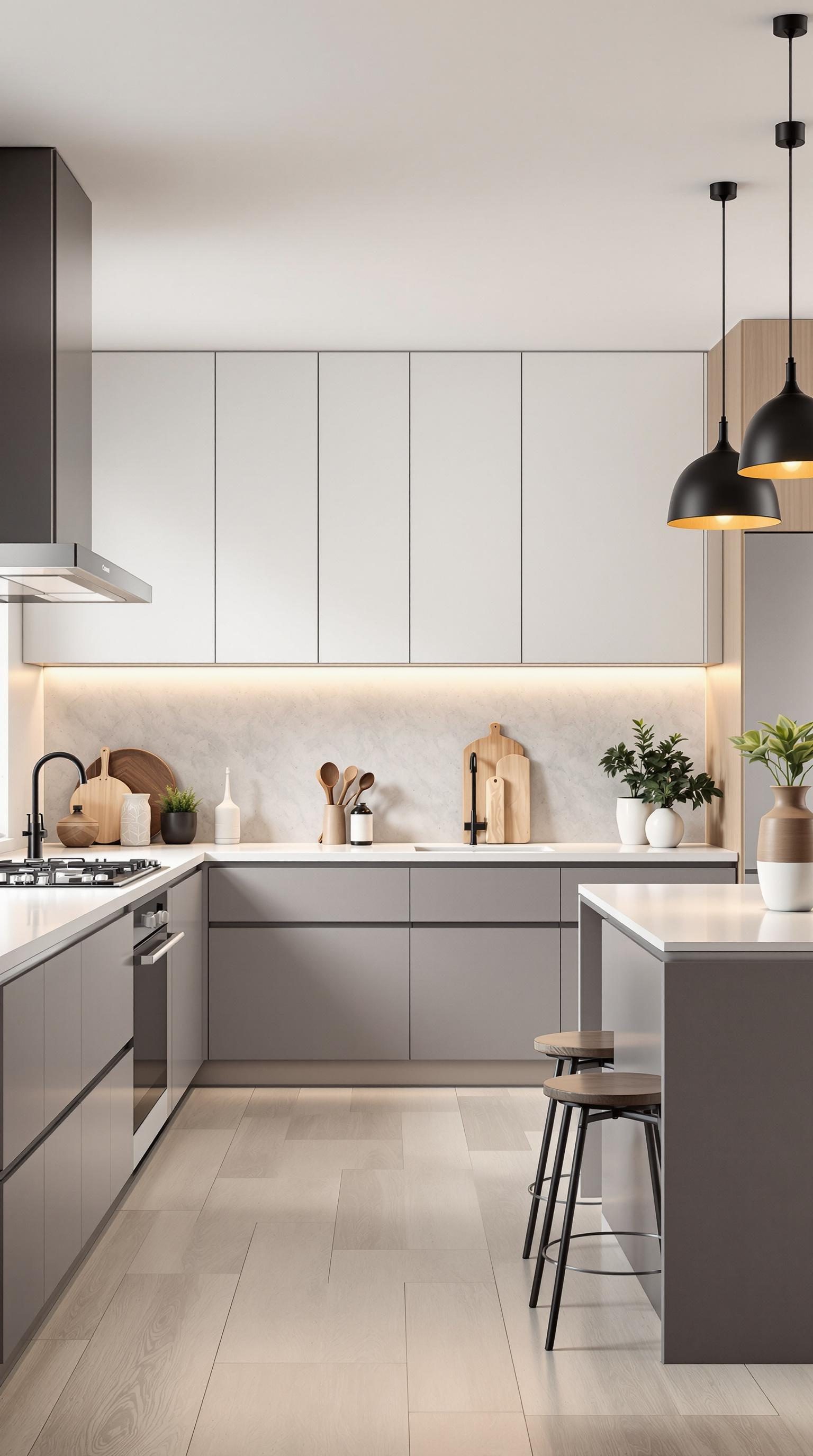 A modern minimalist kitchen featuring gray cabinets, a white countertop, and stylish decor elements