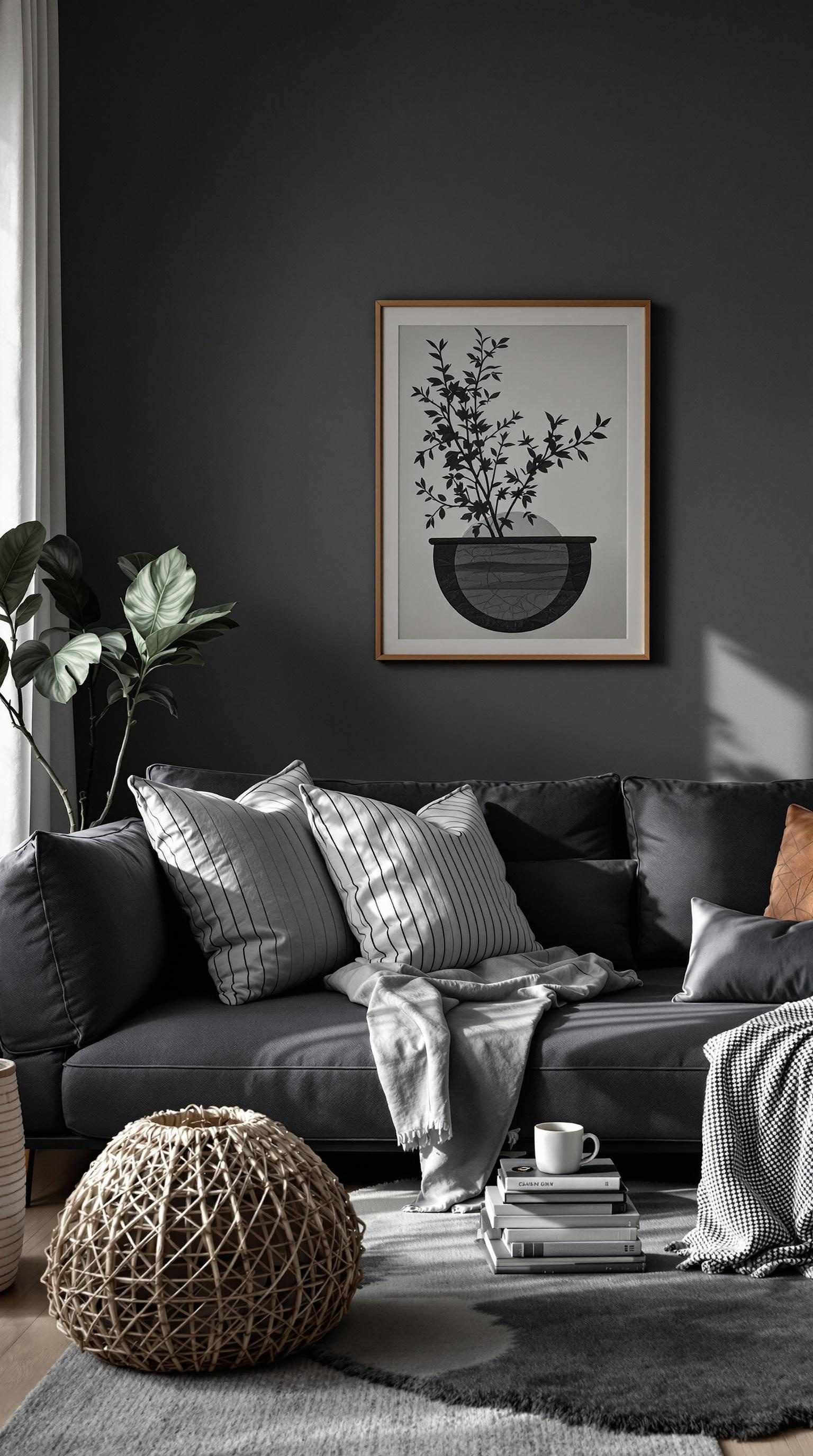 A stylish living room featuring a dark grey couch with striped pillows, a knitted pouf, and a cozy throw.