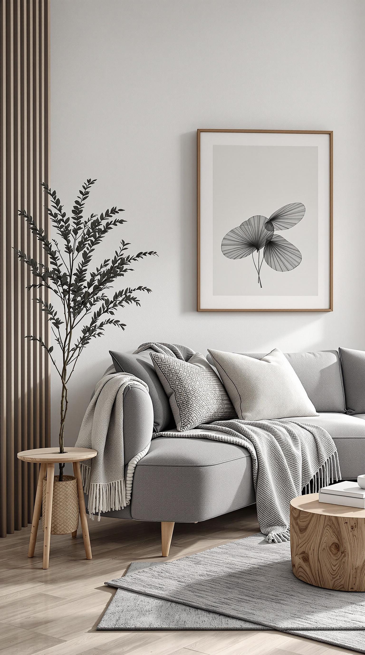 A stylish grey couch in a modern living room with a plant, wooden table, and decorative pillows.