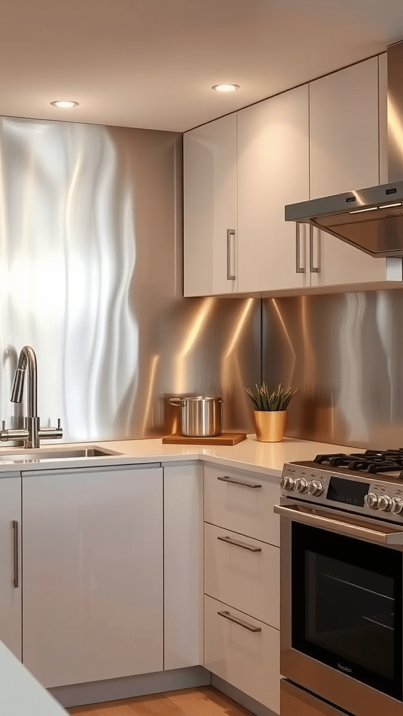 A modern kitchen featuring sleek stainless steel panels as a backsplash, complemented by white cabinets and stainless steel appliances.