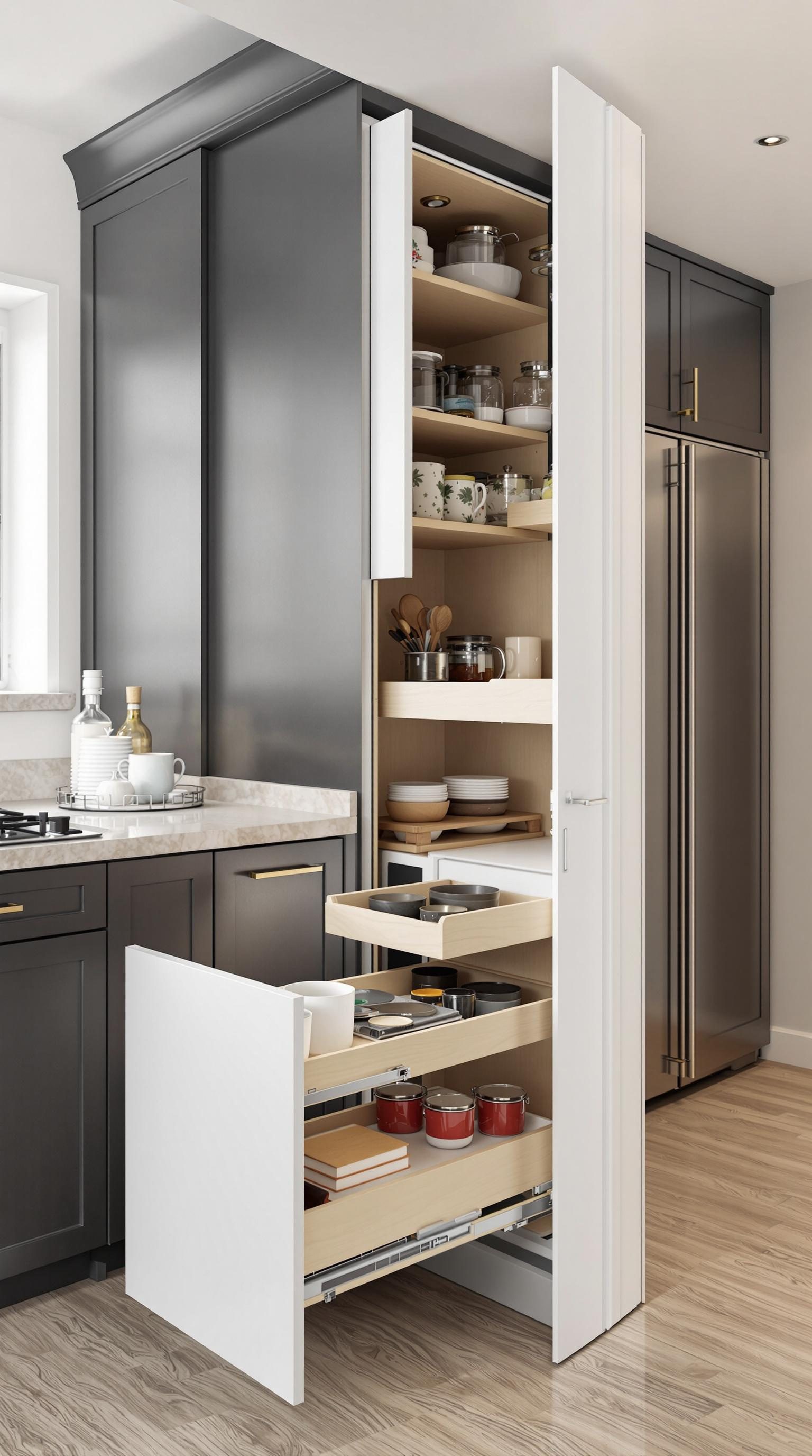 Modern kitchen cabinet with pull-out shelves and organized storage.