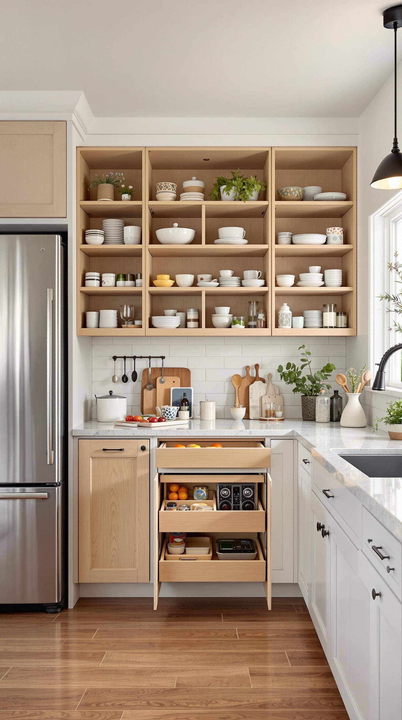 A modern kitchen with organized shelves and pull-out drawers, showcasing smart storage solutions.