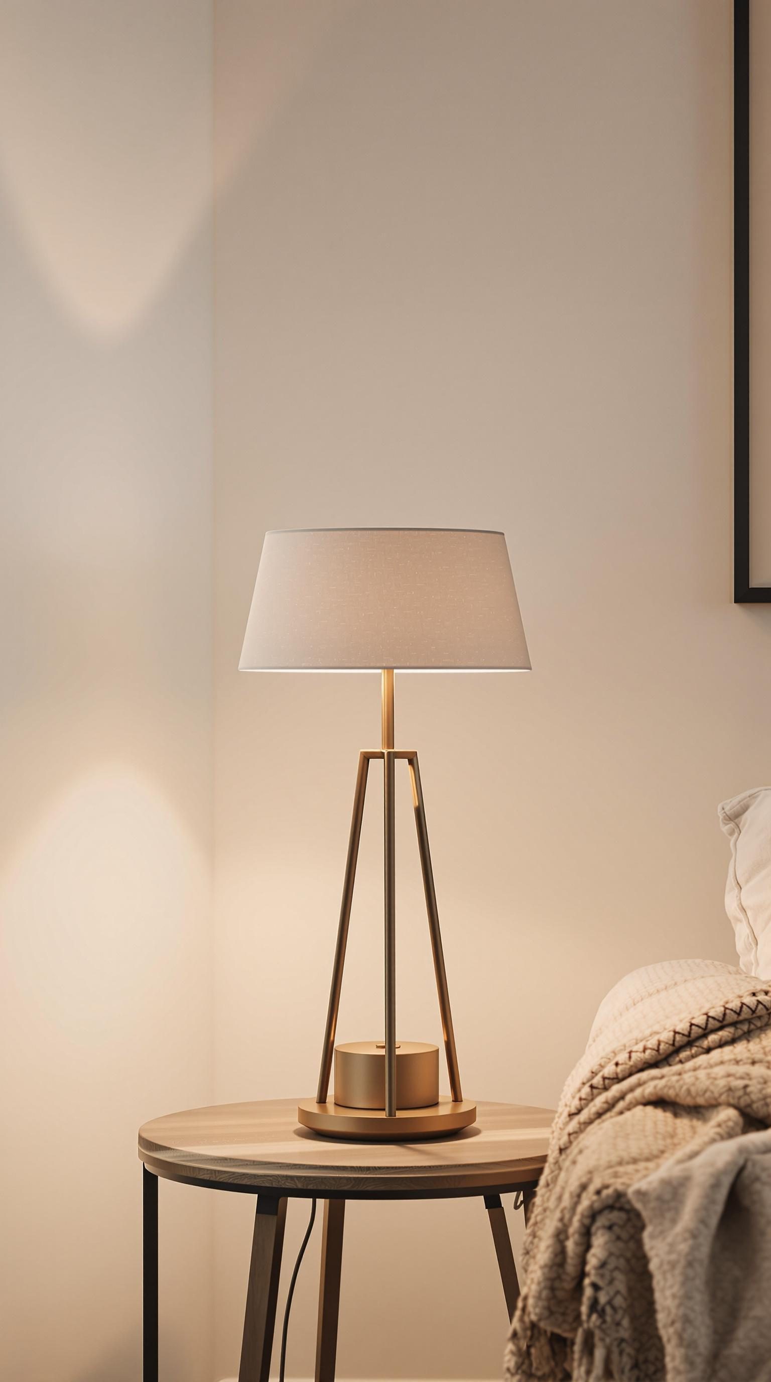 A stylish table lamp with a soft glow placed on a round wooden table next to a cozy blanket.