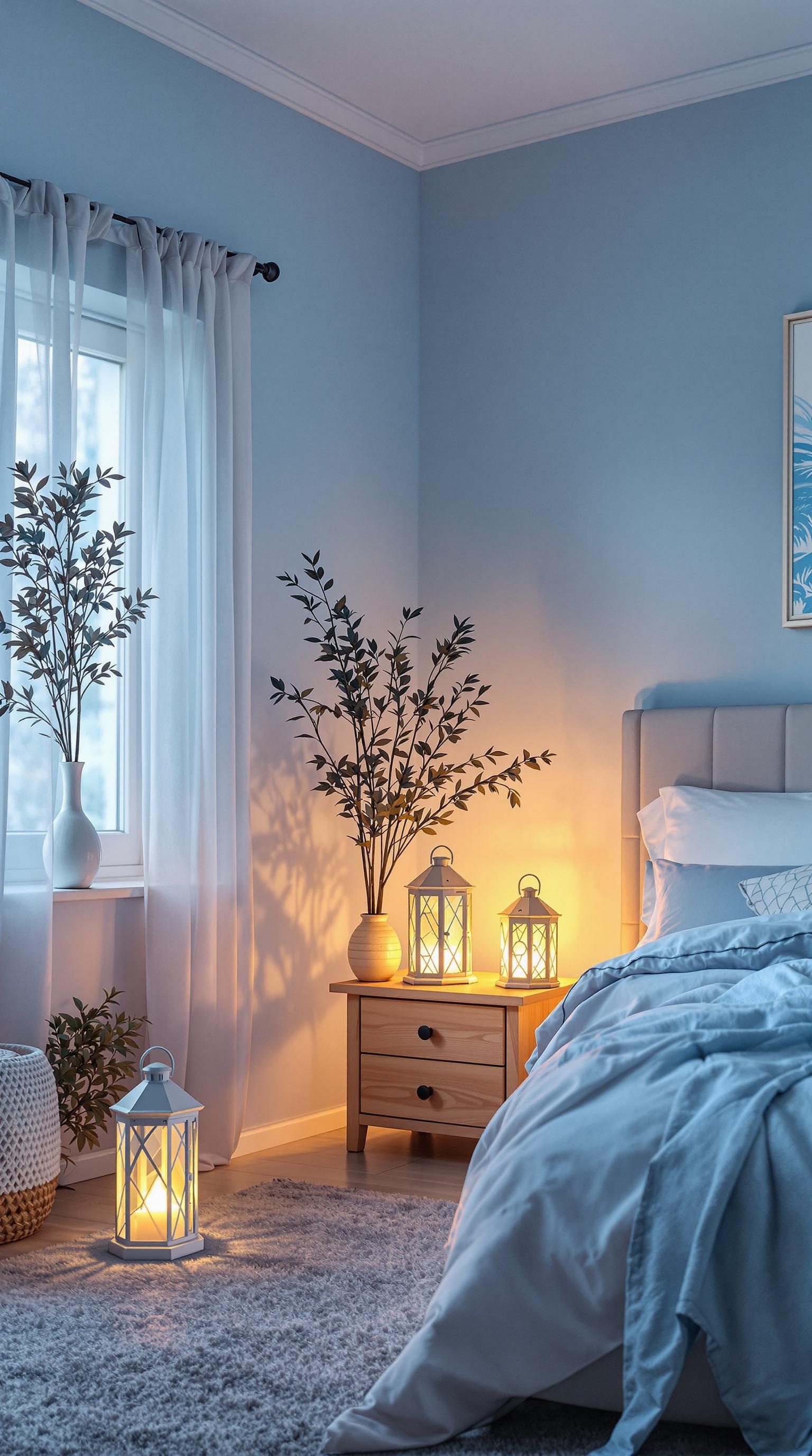 A light blue boho bedroom featuring soft lighting from lanterns and a cozy bed.