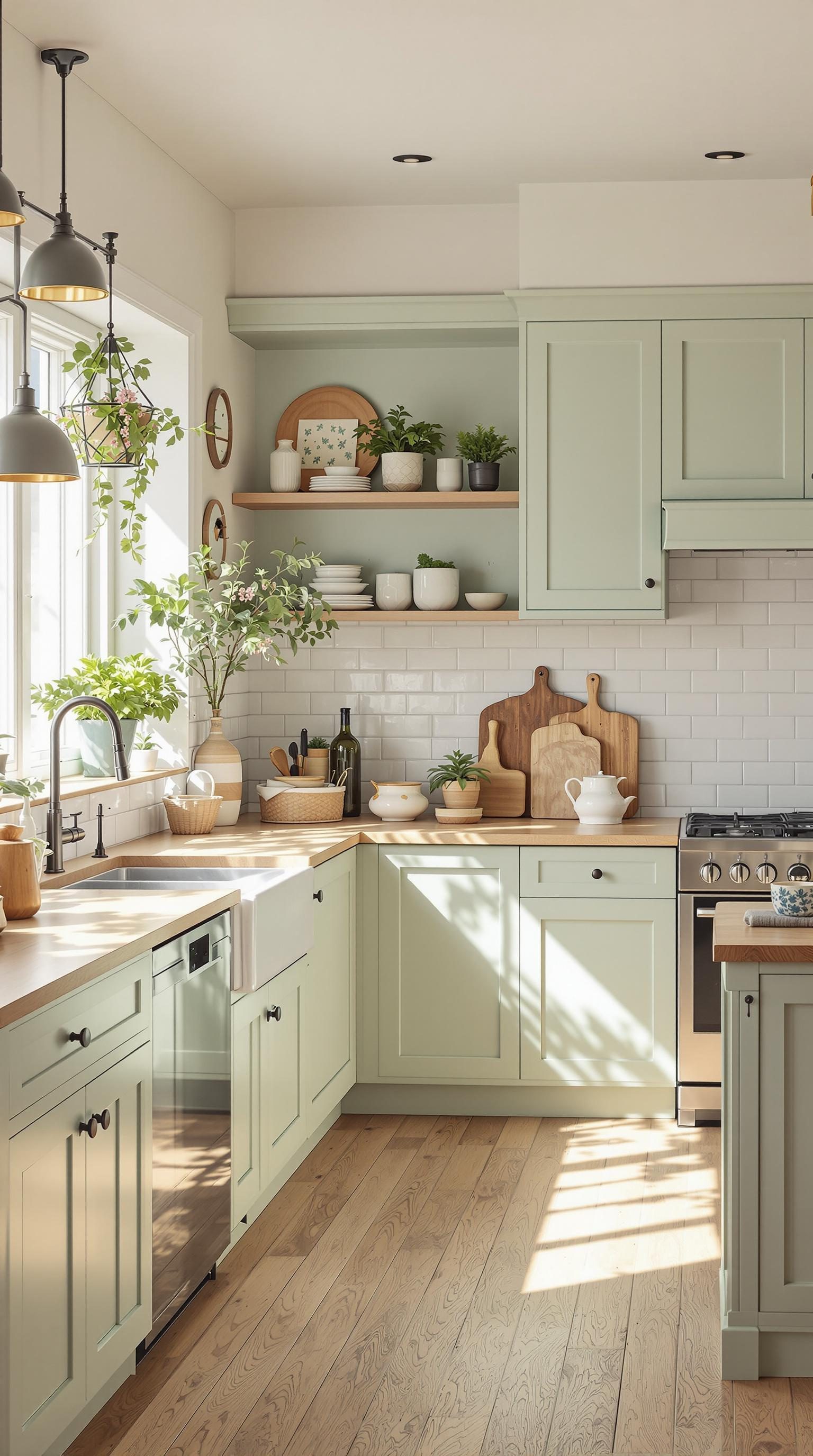 A beautifully designed kitchen with soft sage green cabinets and natural wood accents.