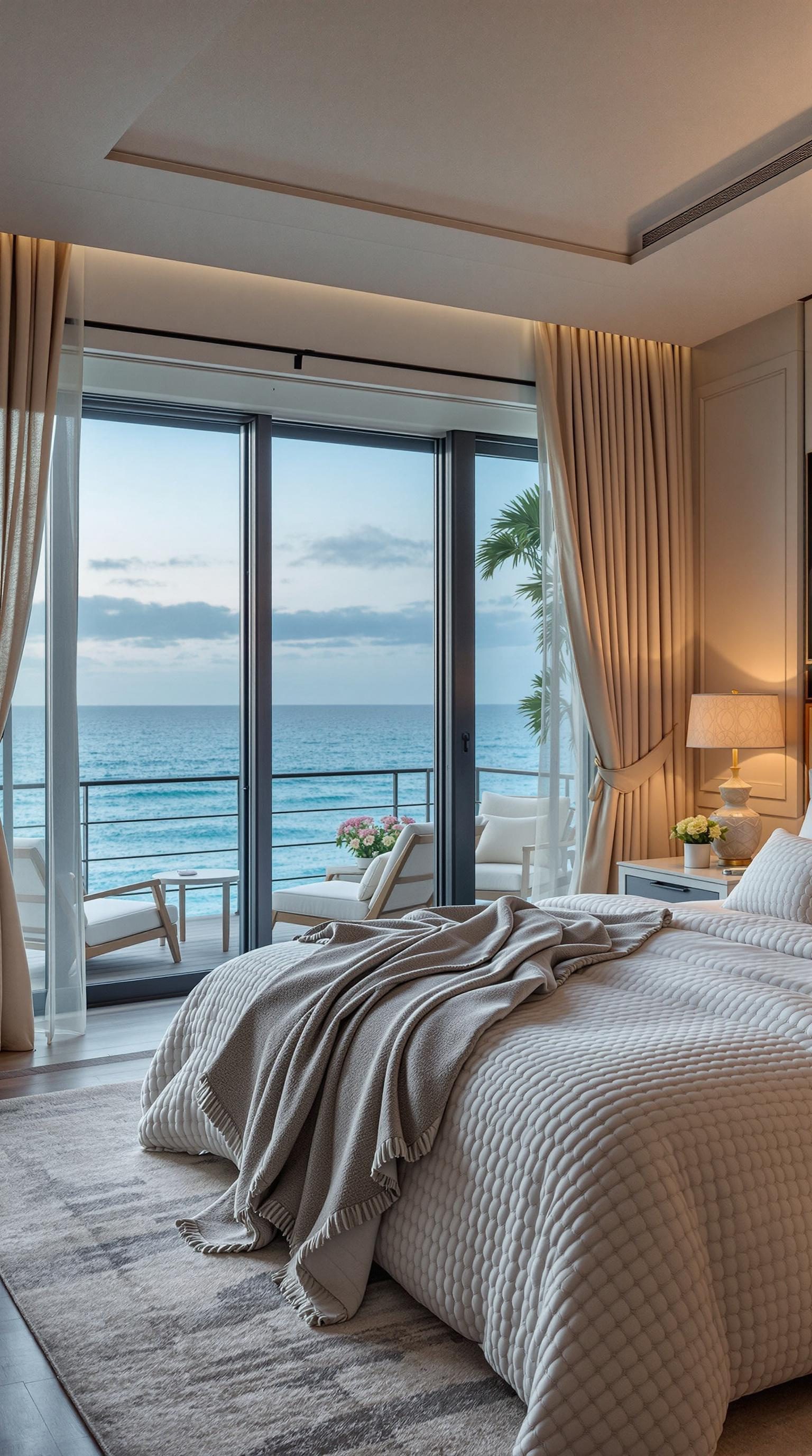 Cozy coastal master bedroom with soft textured bedding and ocean view.