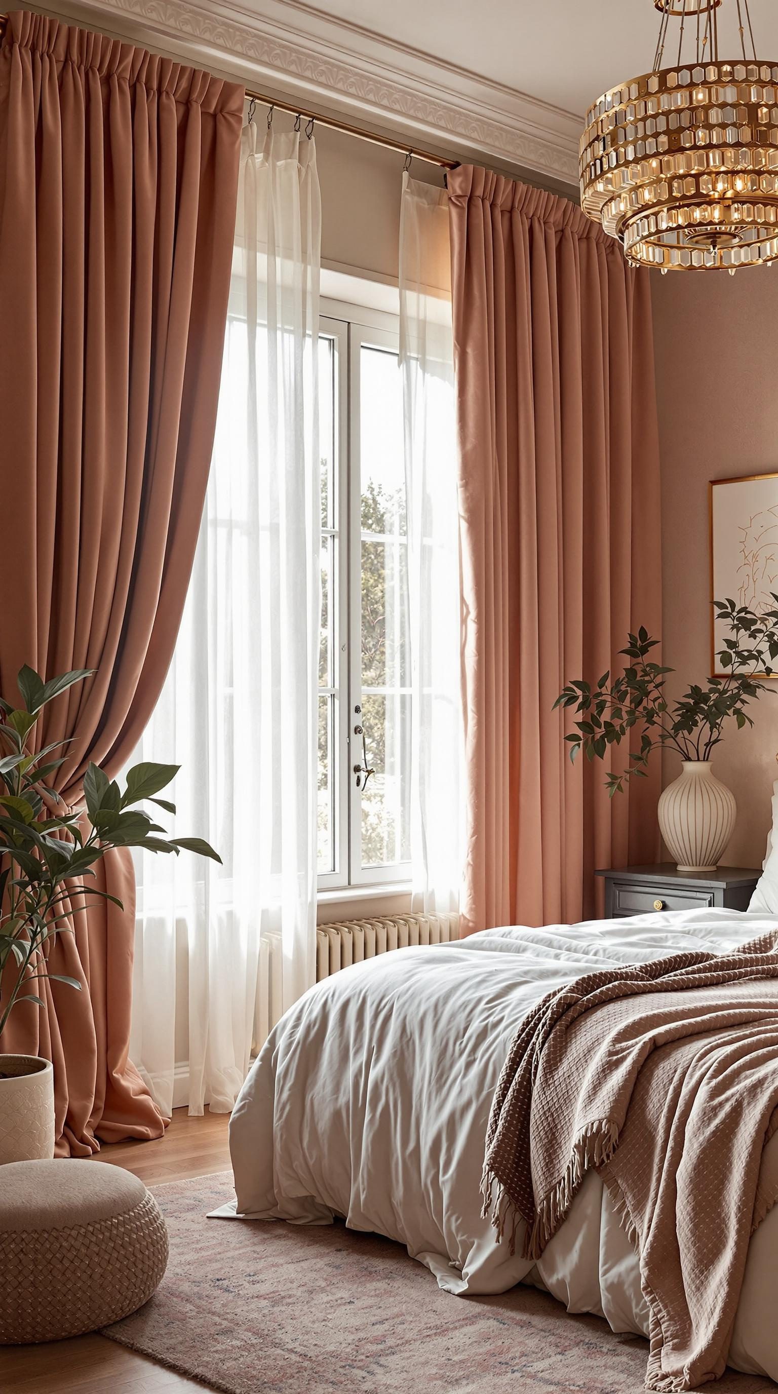 Elegant bedroom with soft velvet drapes and natural light