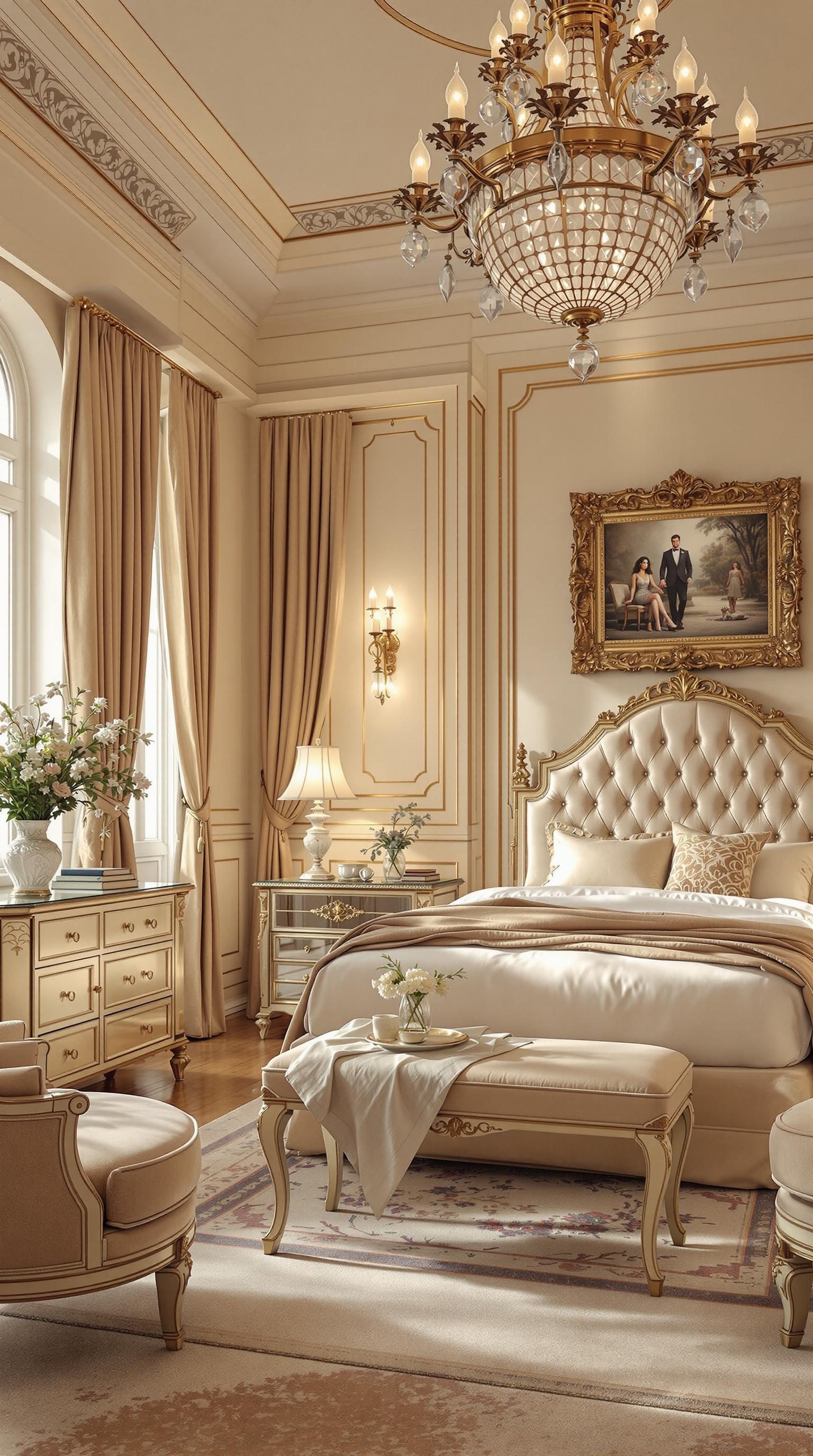 A luxurious beige bedroom featuring elegant furniture, a chandelier, and soft decor.