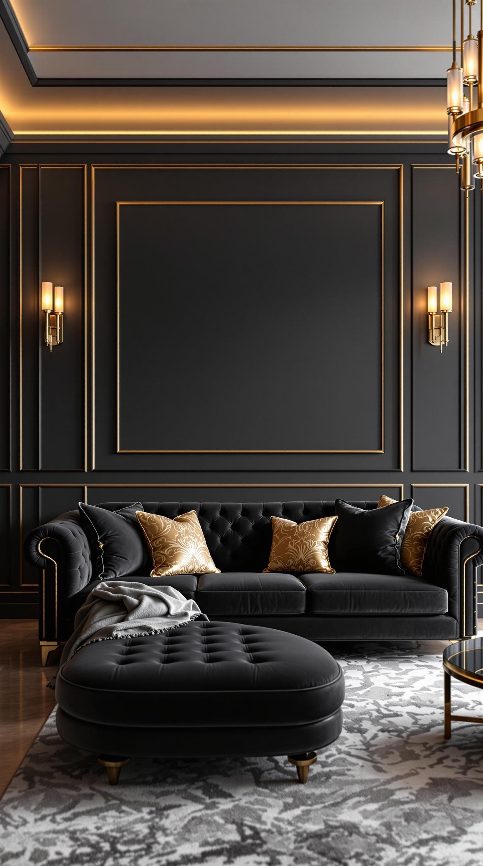 A sophisticated dark grey couch in a stylish living room with gold accents.