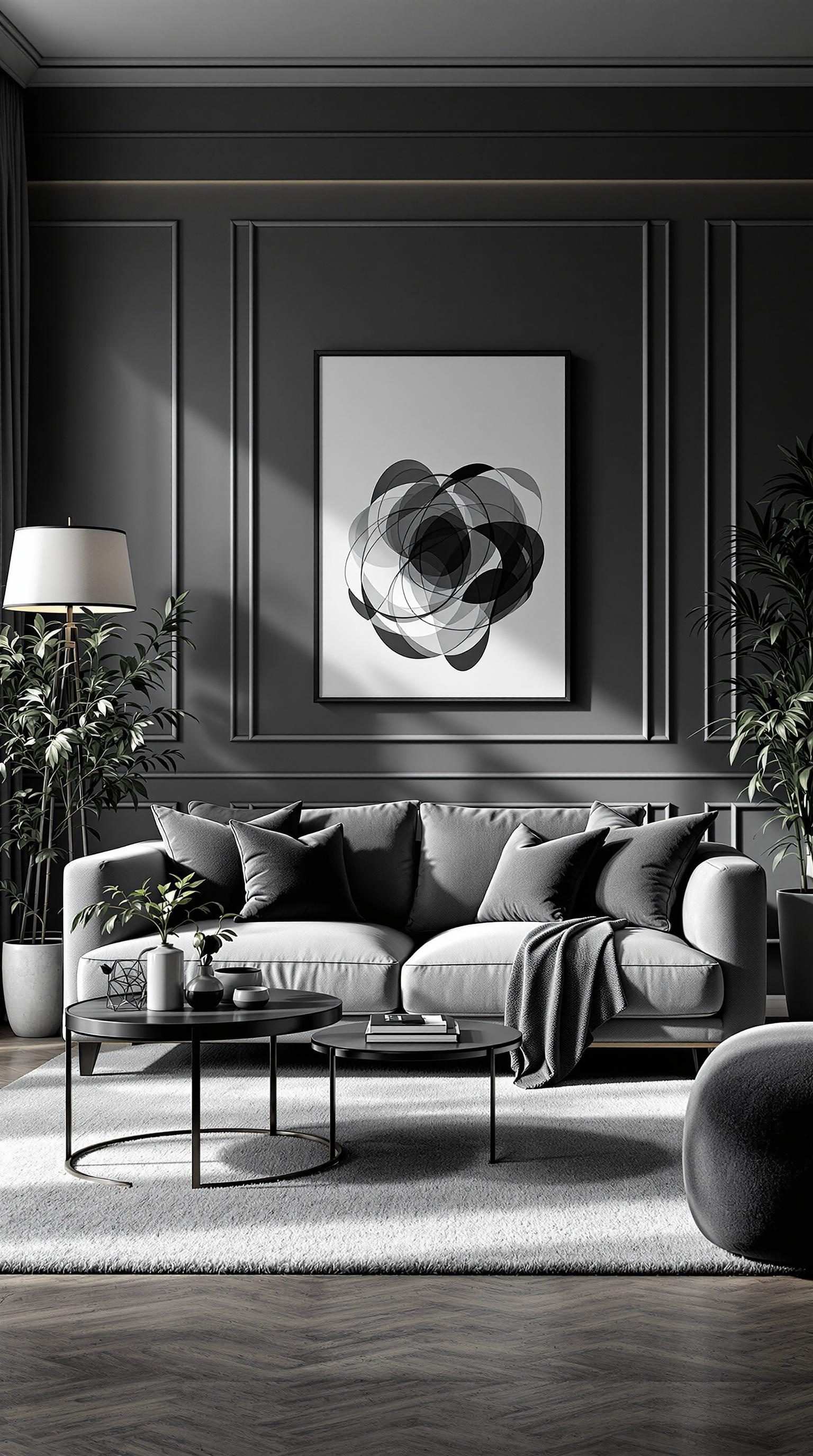 A stylish grey couch in a monochrome living room featuring abstract art and plants.