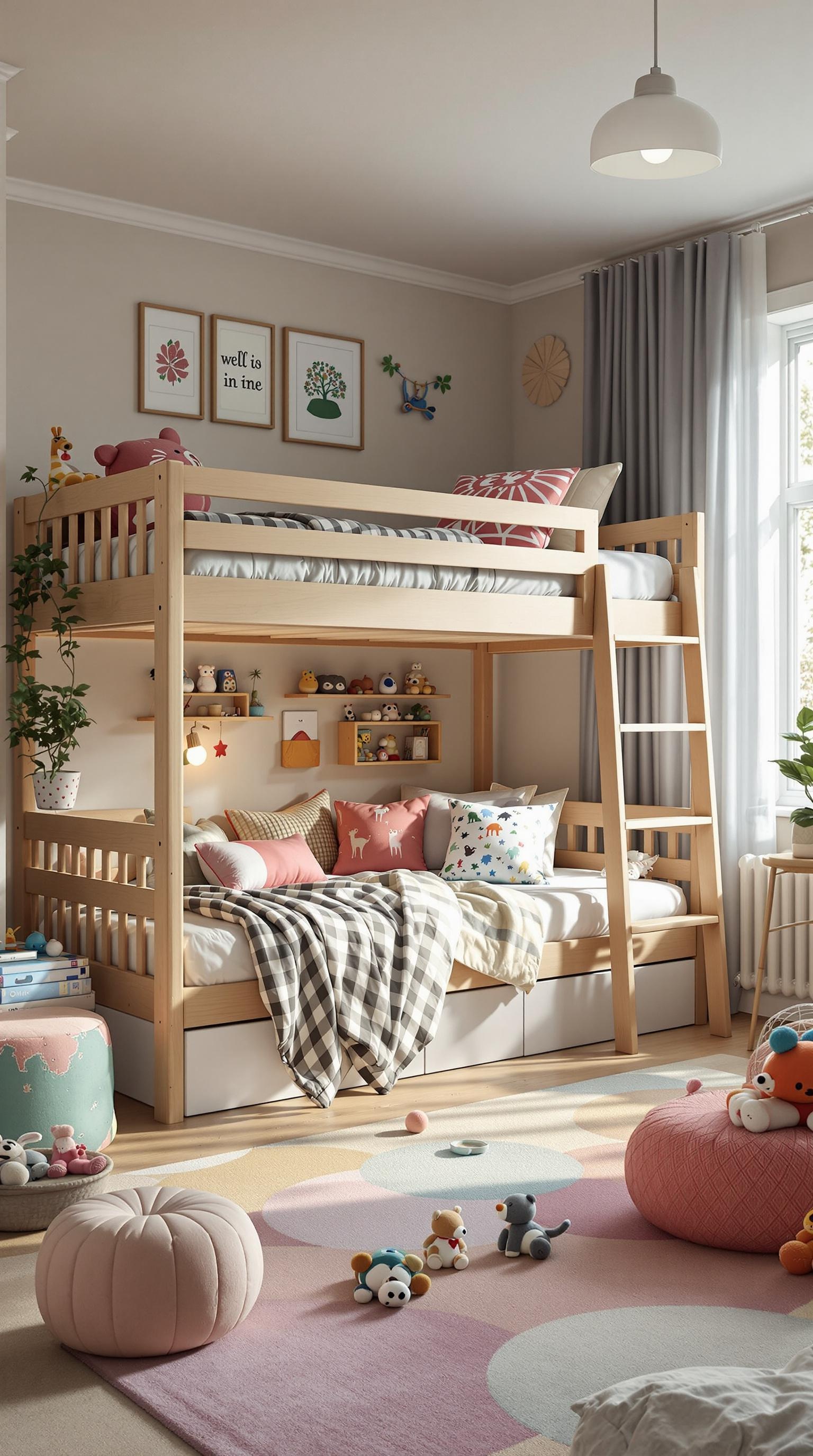 A stylish corner bunk bed in a children's room with plush toys and colorful decor.