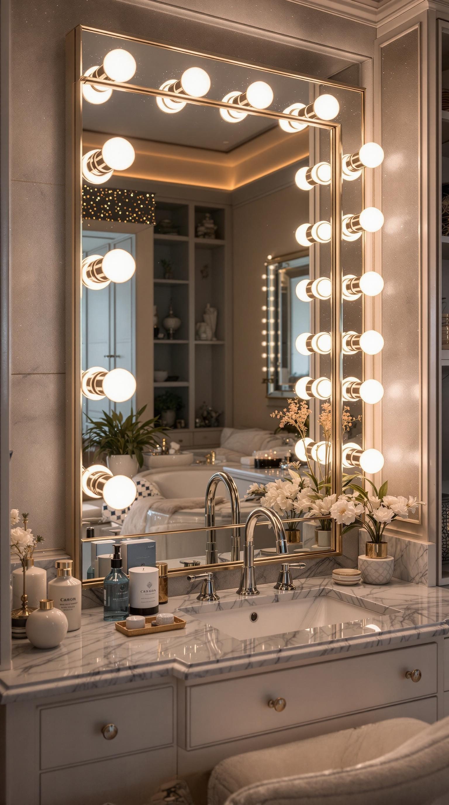 A beautifully lit glam mirror above a marble sink in a stylish bathroom.