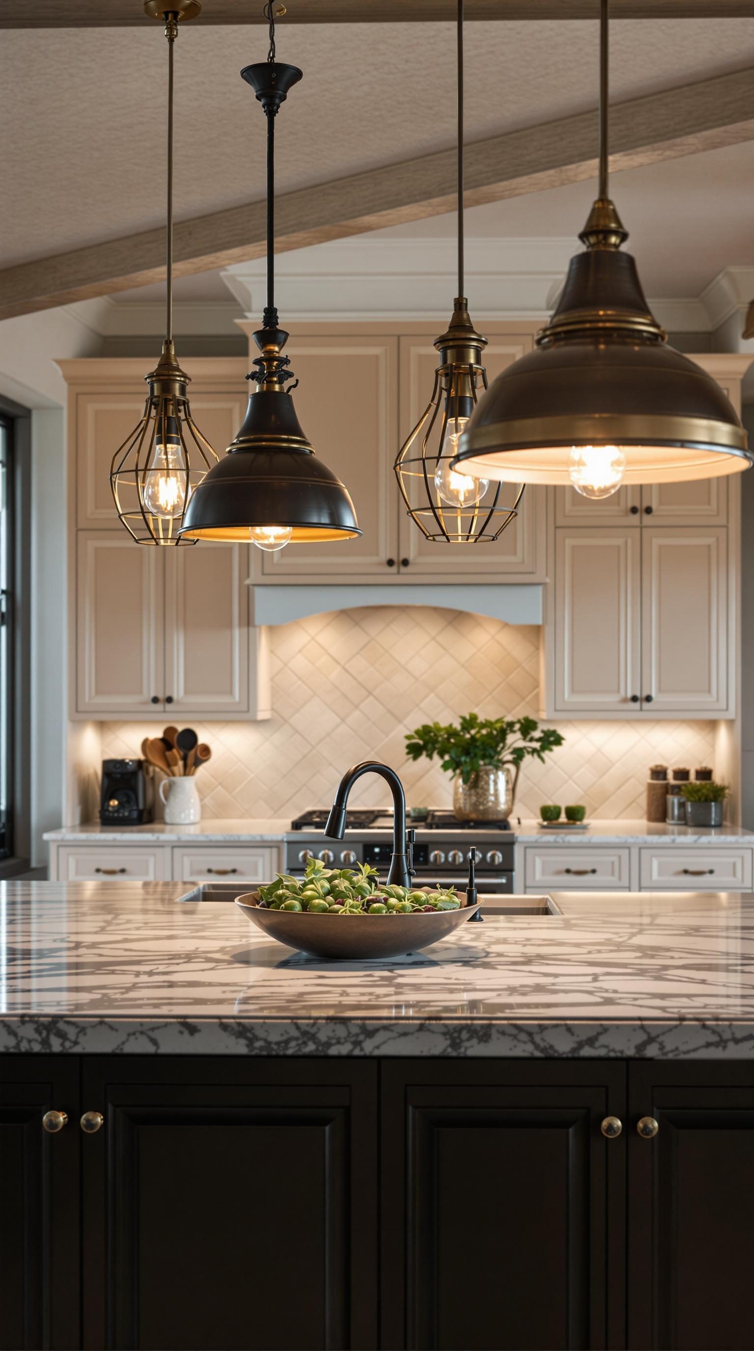 Stylish statement lighting fixtures hanging over a kitchen island with a marble countertop.