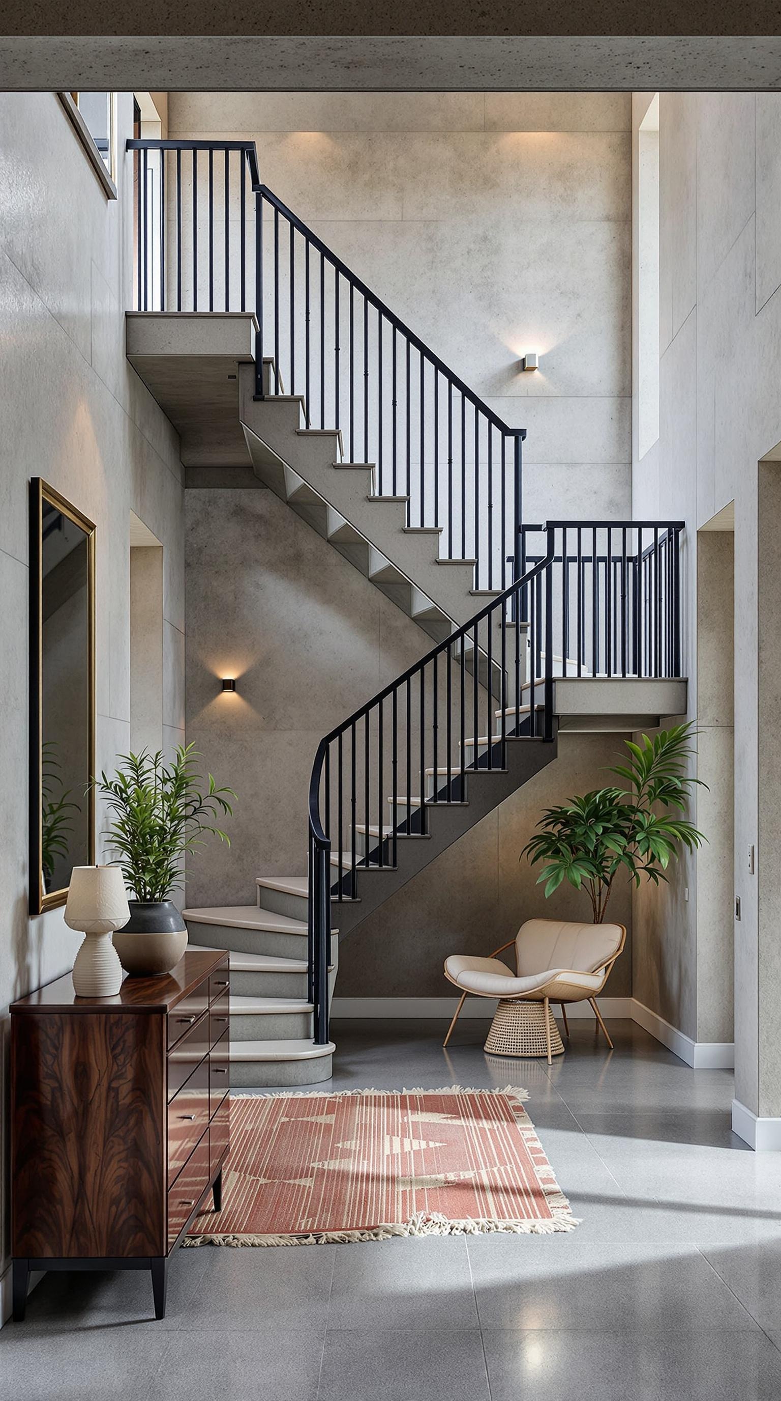 A modern staircase in a stylish interior, showcasing brutalist design elements.