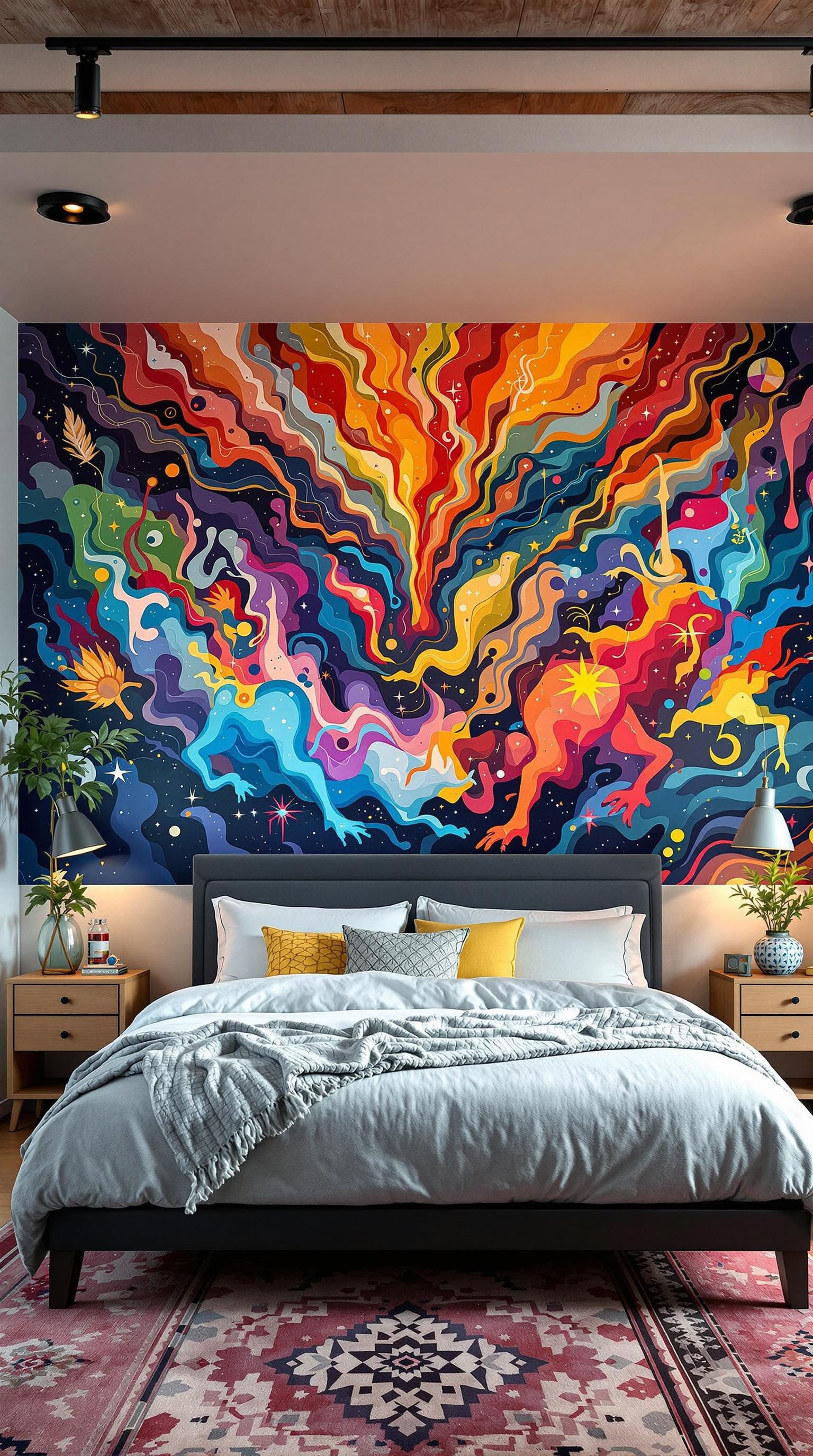 Colorful abstract mural on a bedroom wall with a stylish bed and decor.