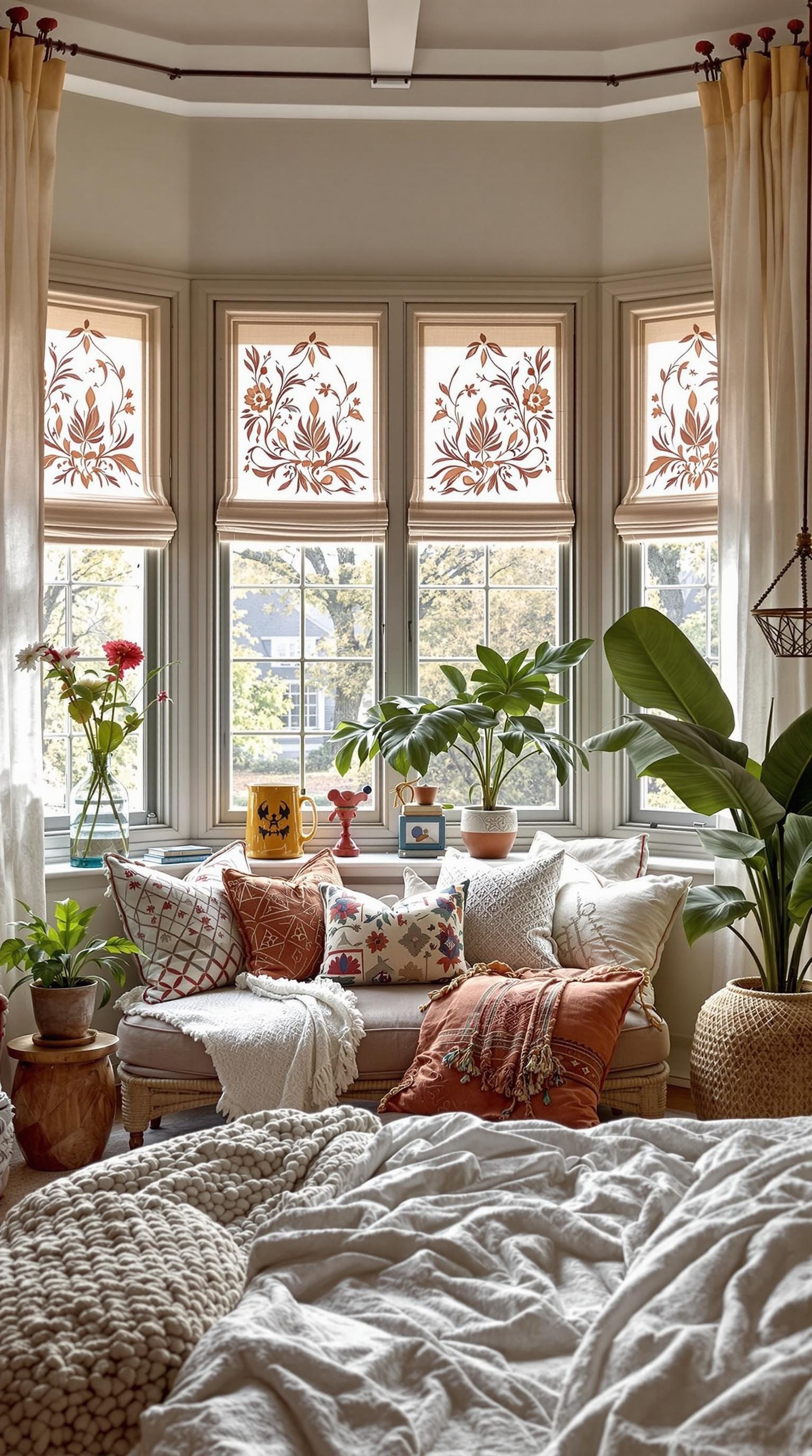 Cozy room with stenciled window treatments and vibrant cushions on a sofa.