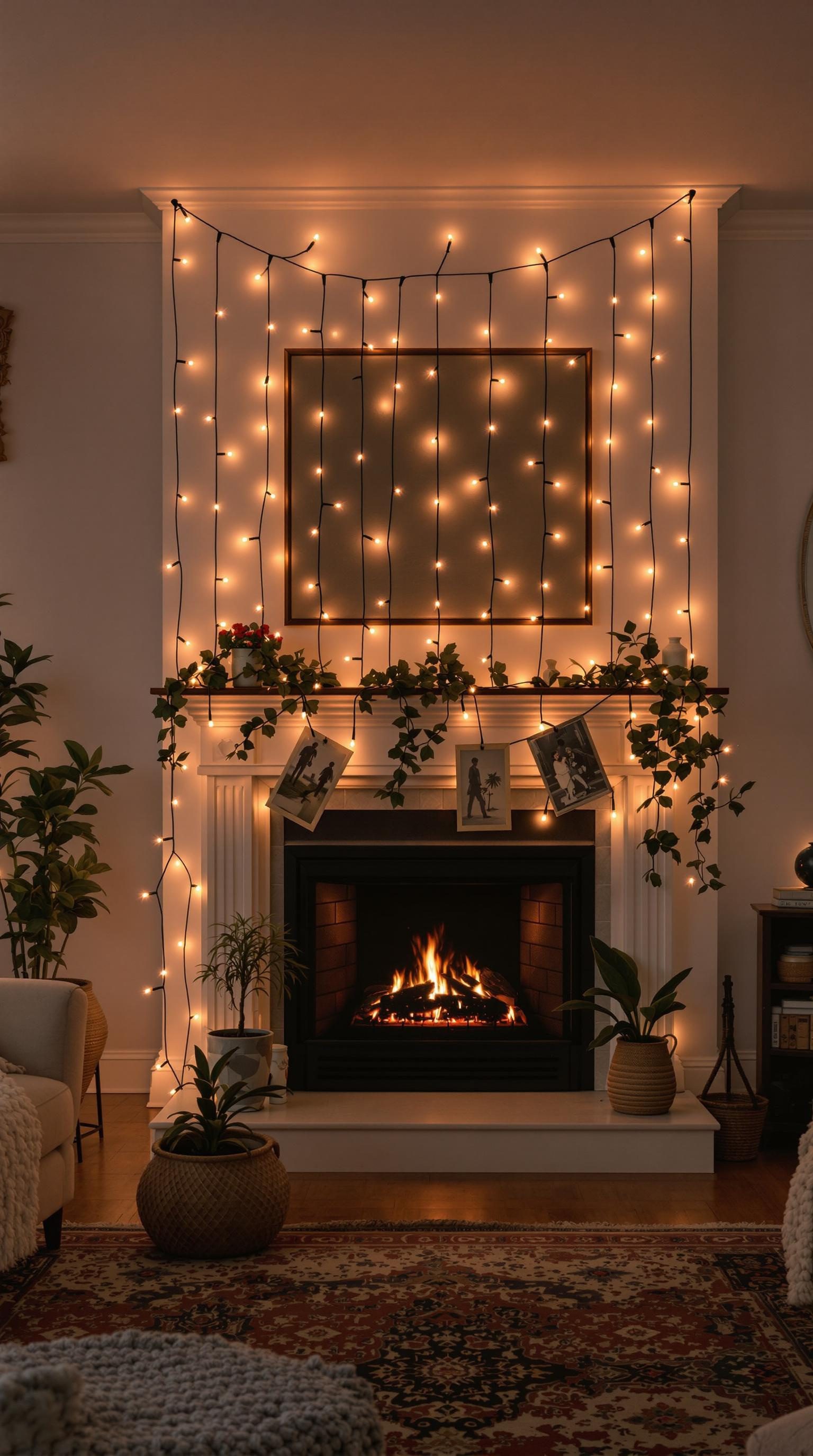 A cozy living room featuring string lights and a fireplace