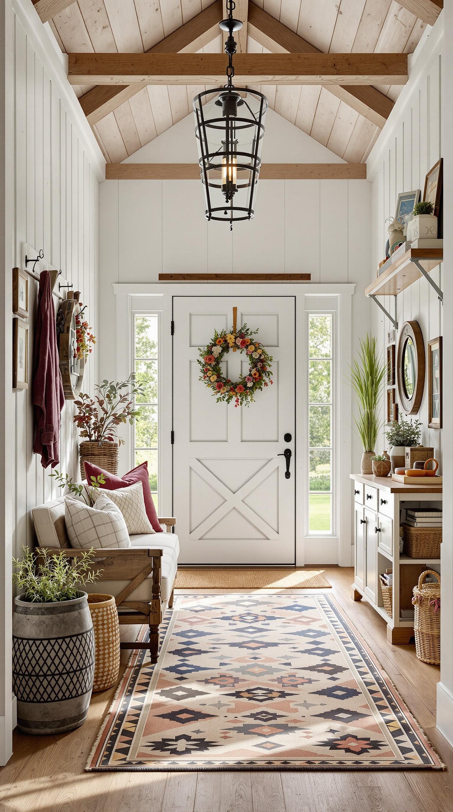 Stylish entryway with a cozy bench, colorful decor, and a welcoming rug