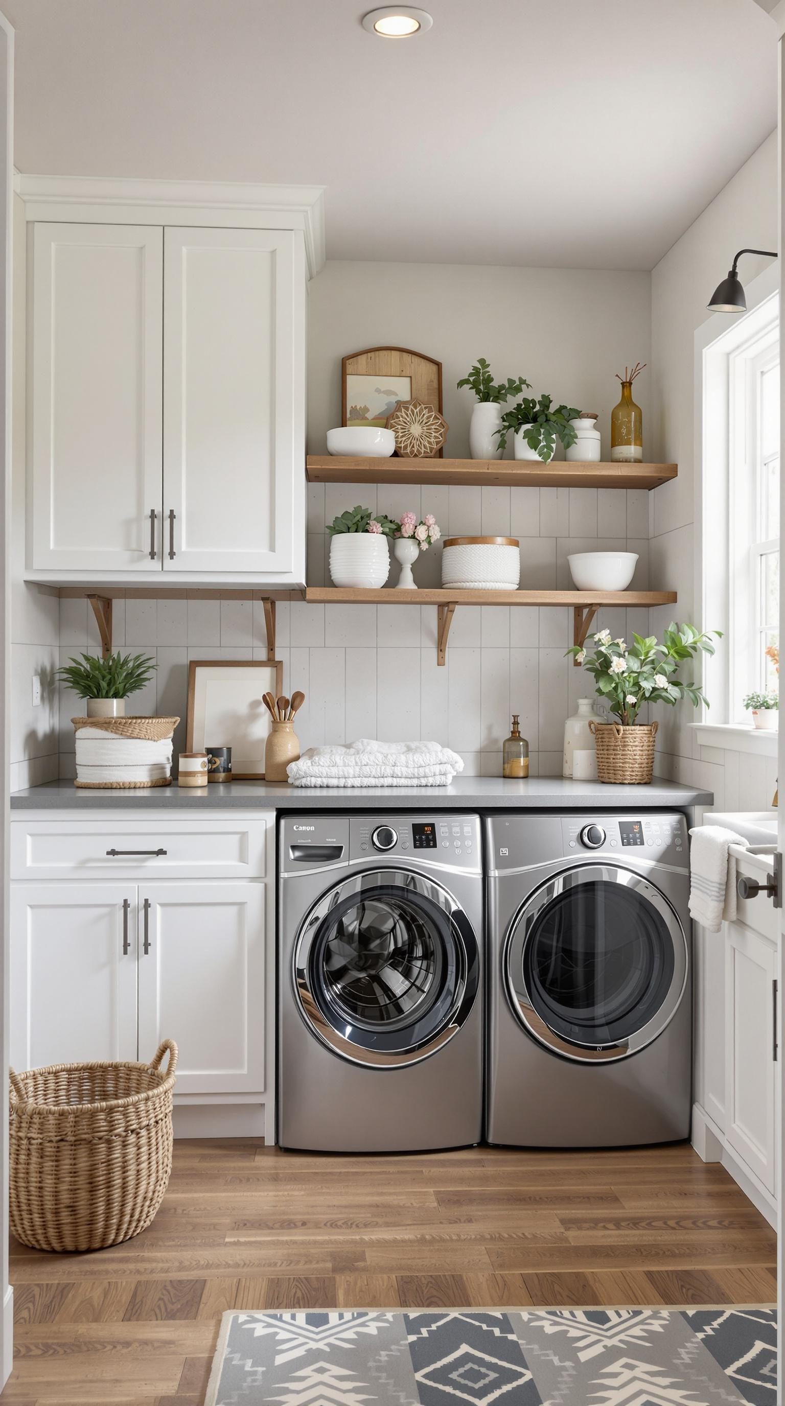 Stylish laundry room featuring modern appliances, wooden shelves, and farmhouse decor.