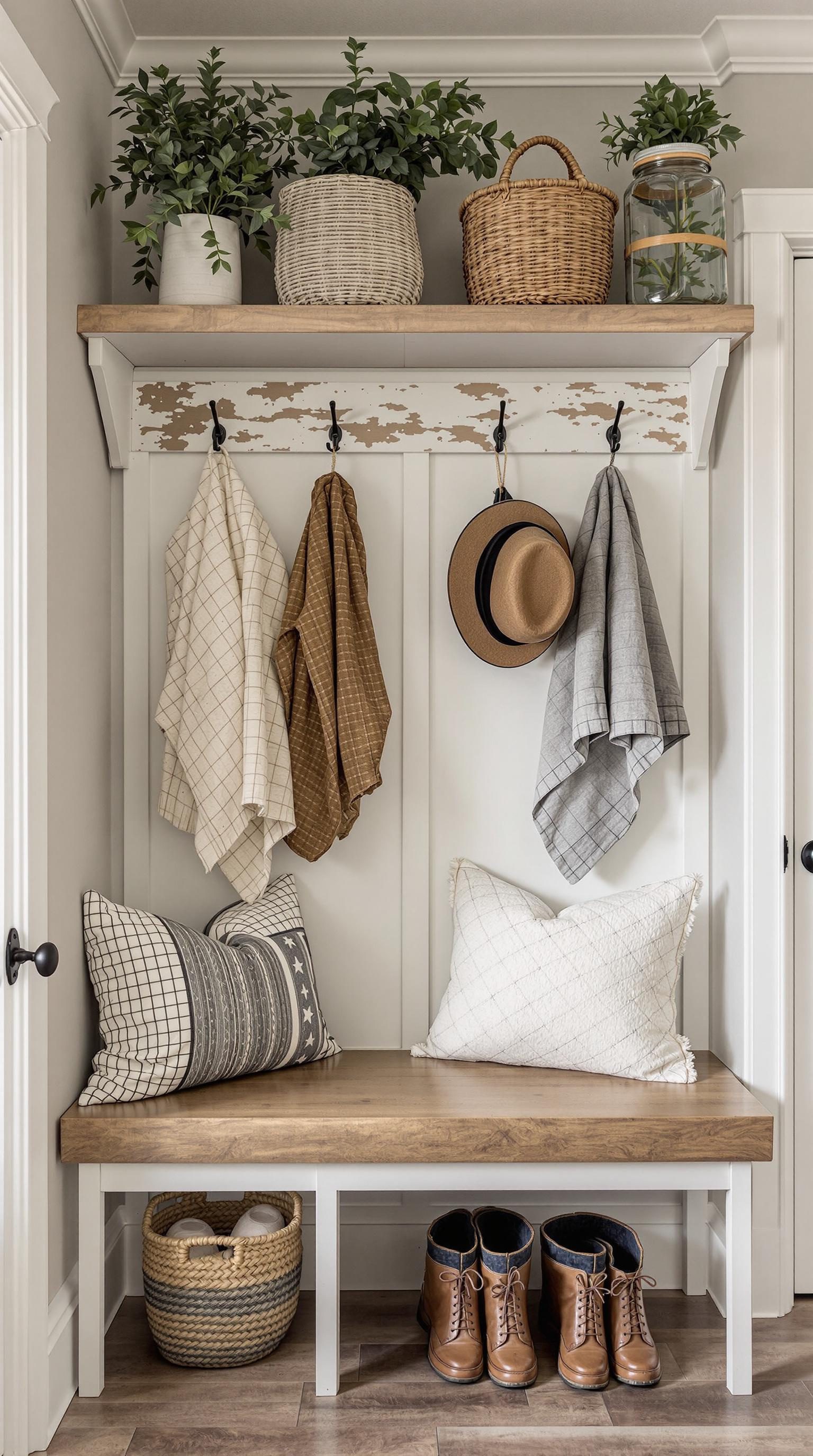 A stylish mudroom featuring a wooden bench, hooks for hanging items, and decorative baskets.