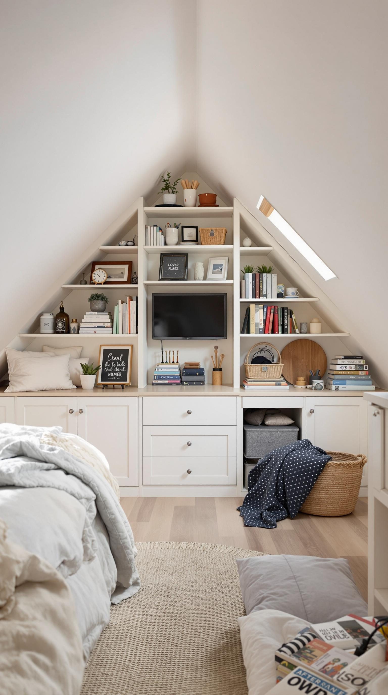 A stylish small attic room with organized shelves, a TV, and cozy bedding.