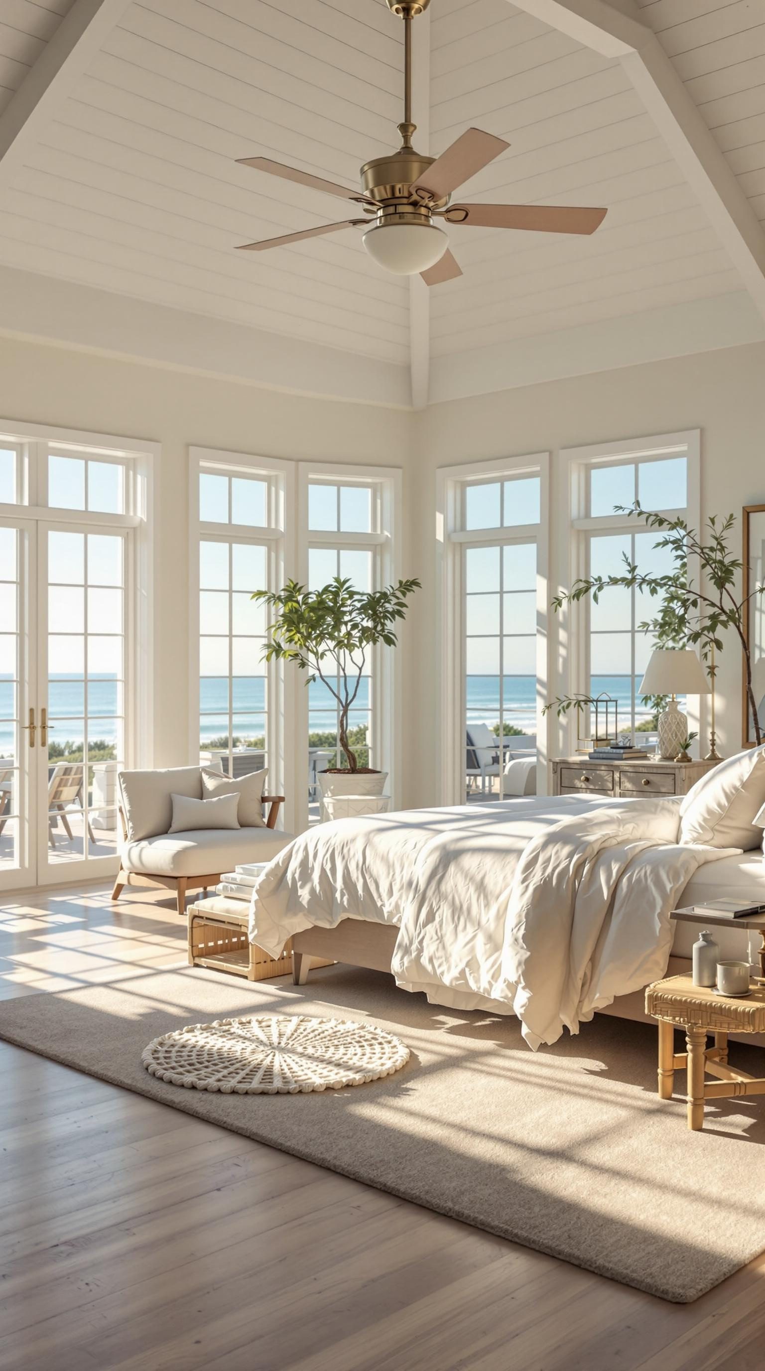 A bright coastal master bedroom with large windows and ocean views.